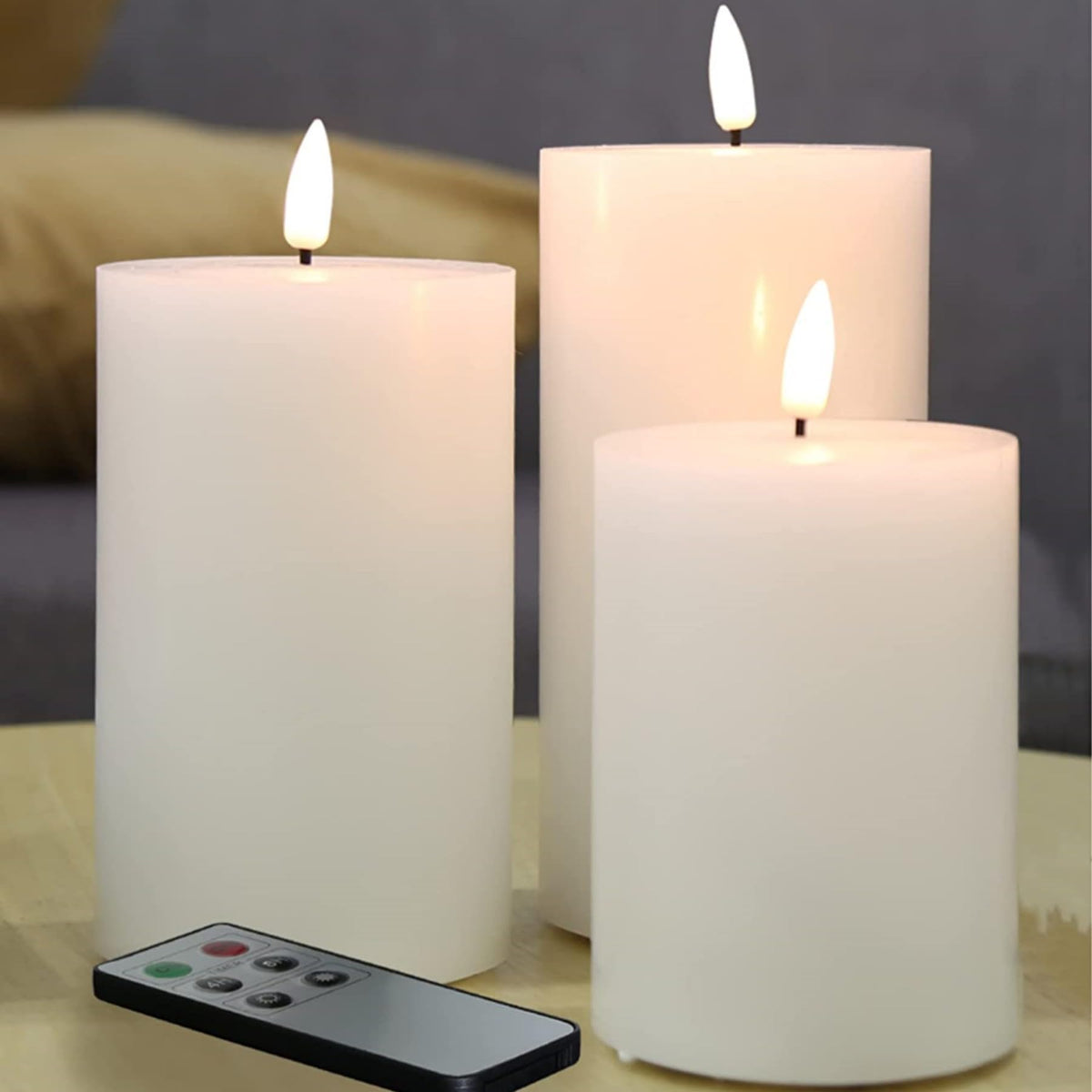 Eywamage White Real Wax Flameless Pillar Candles With Remote, Flickering Flat Top Led Battery Candles Set Of 3