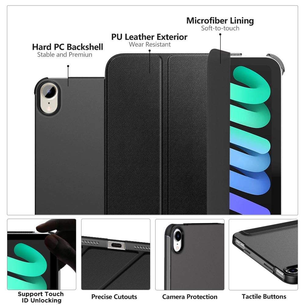 MoKo for iPad Mini 7 (A17 Pro) Case 2024,iPad Mini 6 Case 2021,8.3 inch iPad Mini 7th/6th Generation Case,Slim Lightweight Hard Back Shell Stand Cover for iPad Mini 2024 with Touch ID, Black