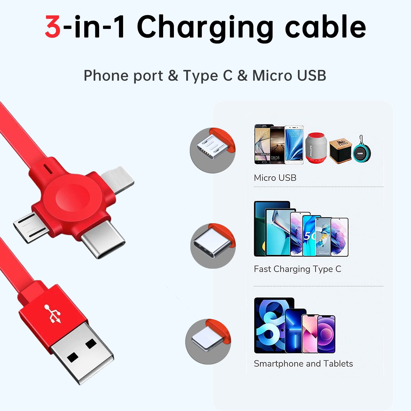 Gartmost 3 Pack Three In One Charging Cable Cord. 3 In 1 Charging Cable Retractable. Compatible Usb C(Type C)/Micro Usb/Ip, Comp