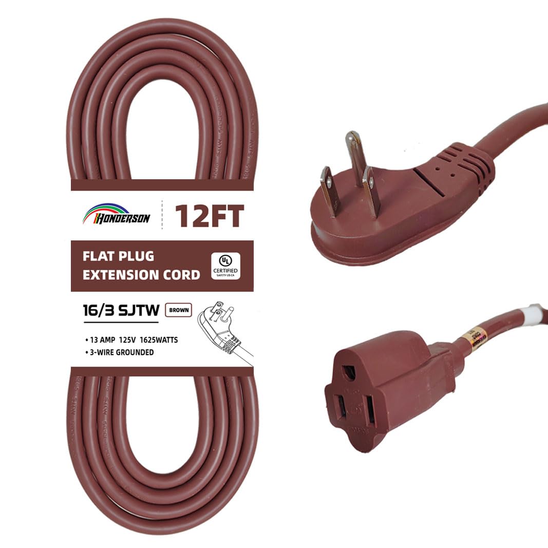 Honderson Flat Plug Indoor Extension Cord, Ul Listed, 16 Gauge 12Ft Brown 3 Prong Heavy Duty Extension Cord, 16/3 Sjtw 13A Power