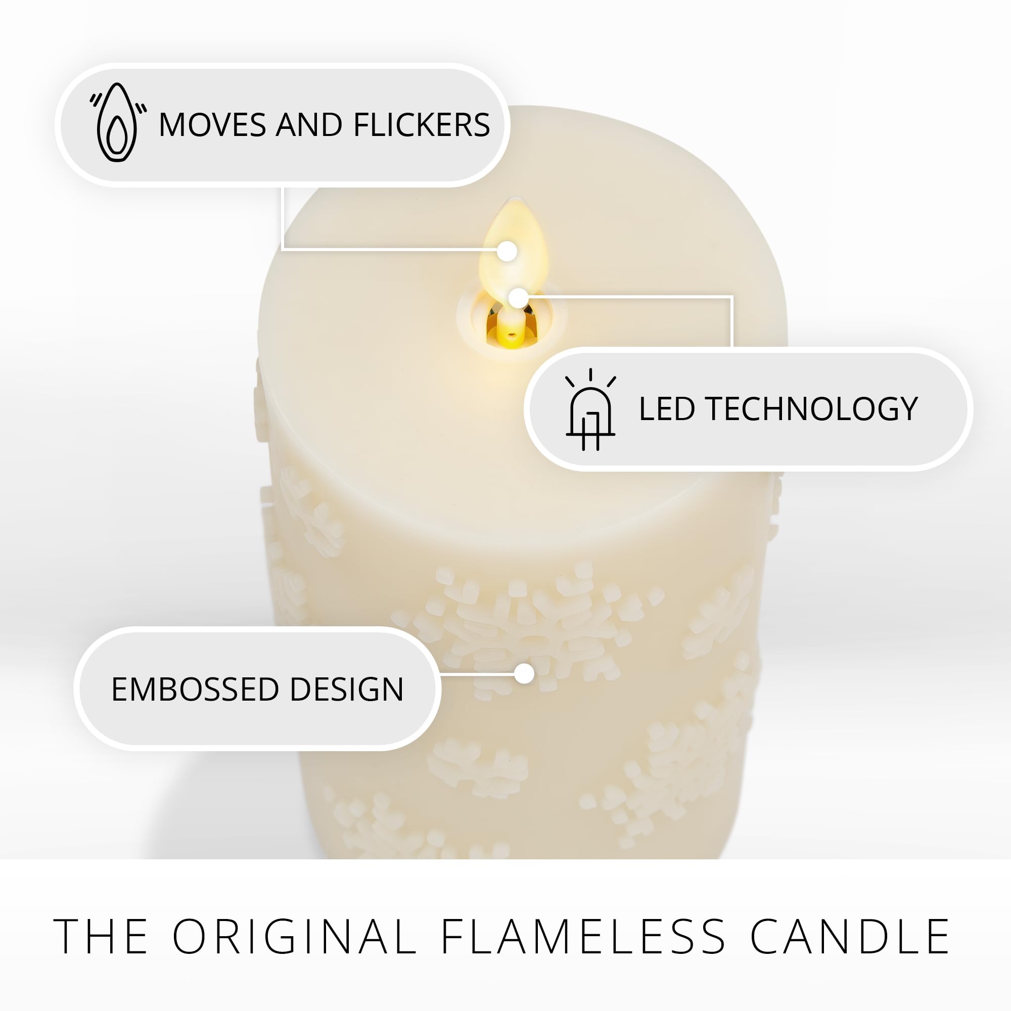 Luminara White Swan Snowflake Embossed Flameless Led Candle, 3.2'' X 6.5'', Moving Flame, Safe Timer Feature, Real Wax, Battery