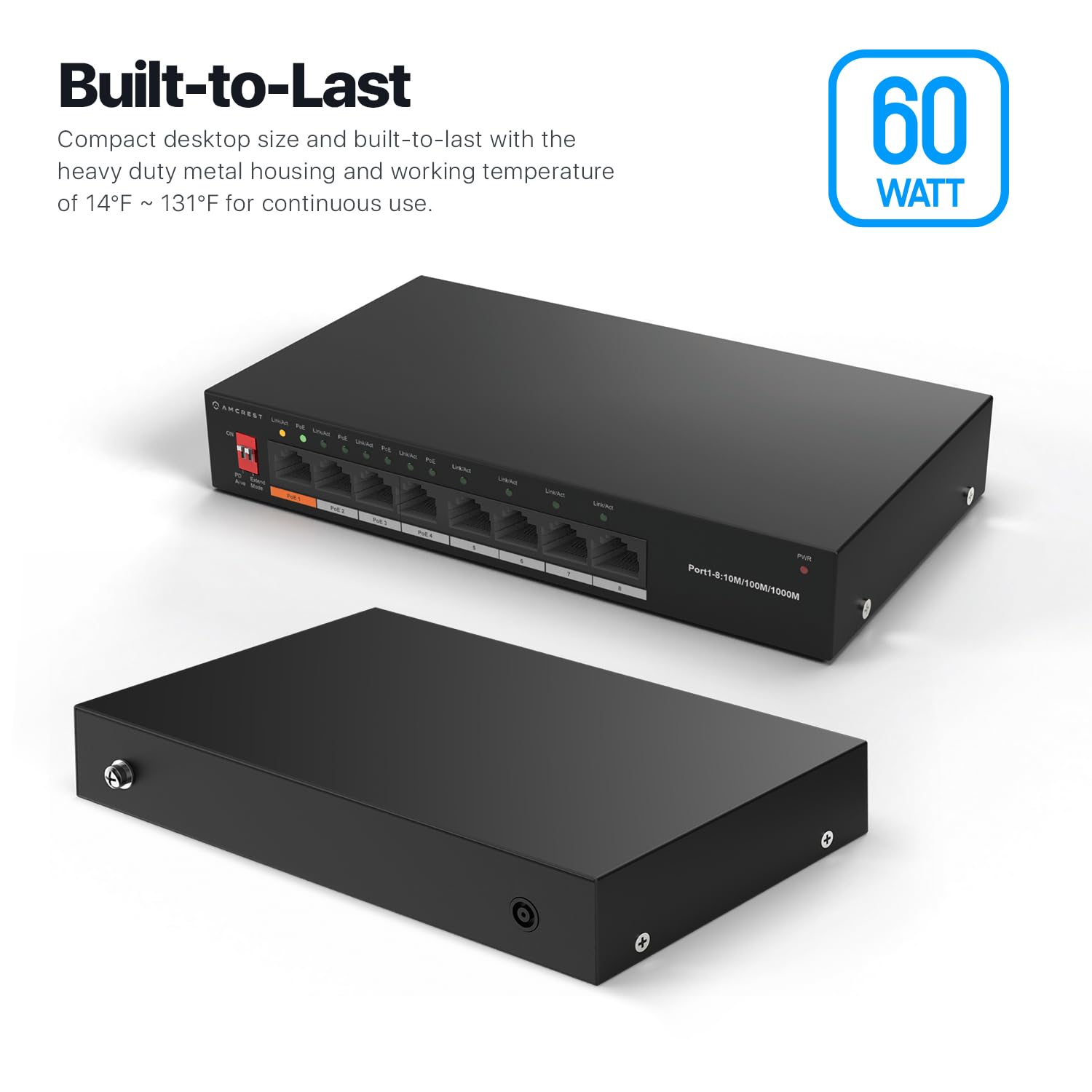 Amcrest 8 Port Switch With 4 Ports Poe+ 802.3Af/At 60W, Metal Housing, (Agps8E4P At 60 V2)
