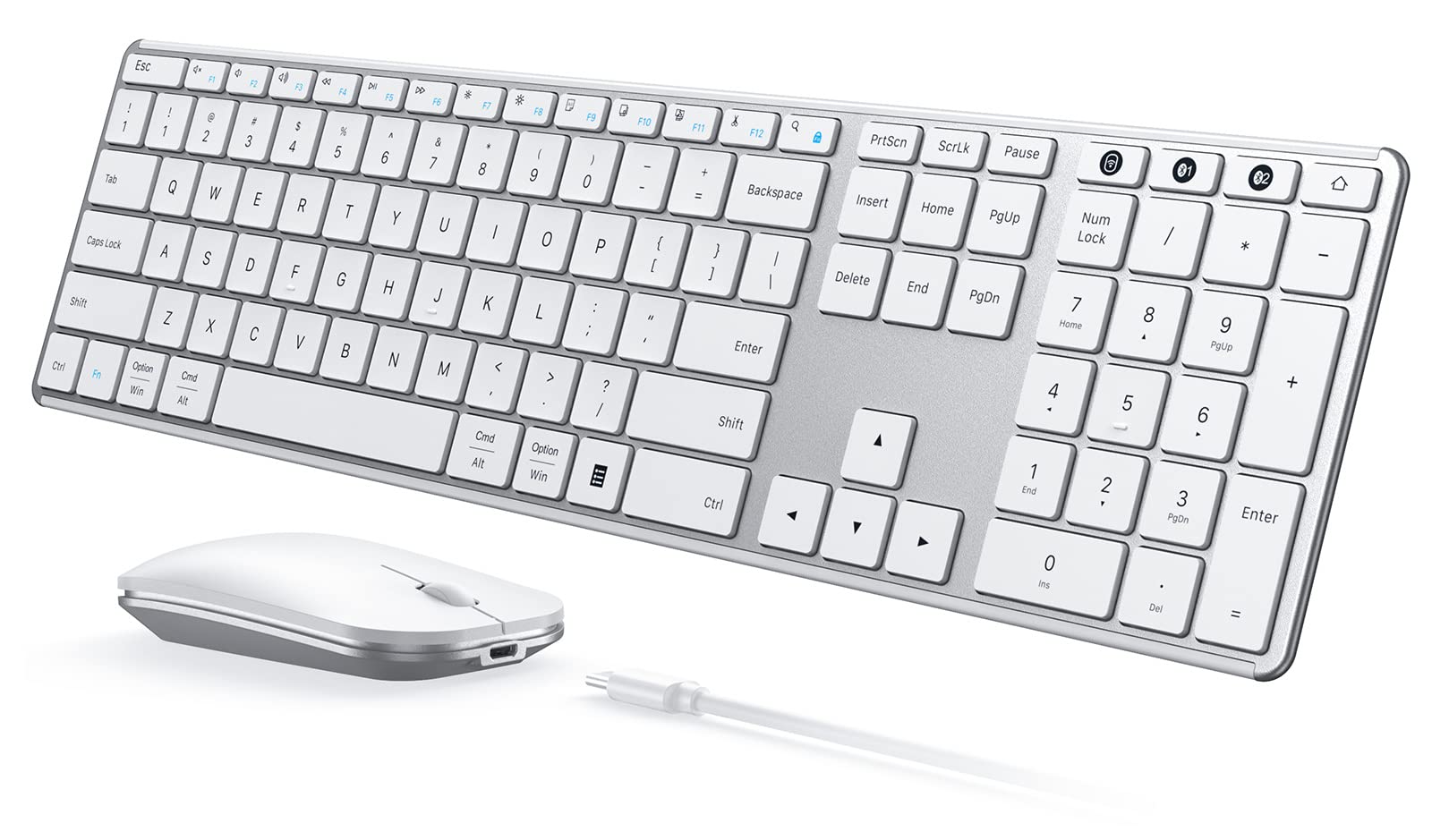 Wireless Bluetooth Keyboard And Mouse Combo (Usb + Dual Bt), Seenda Multi Device Rechargeable Slim Keyboard And Mouse, Compatible For Win 7/8/10, Macbook Pro/Air, Ipad, Tablet   White Silver