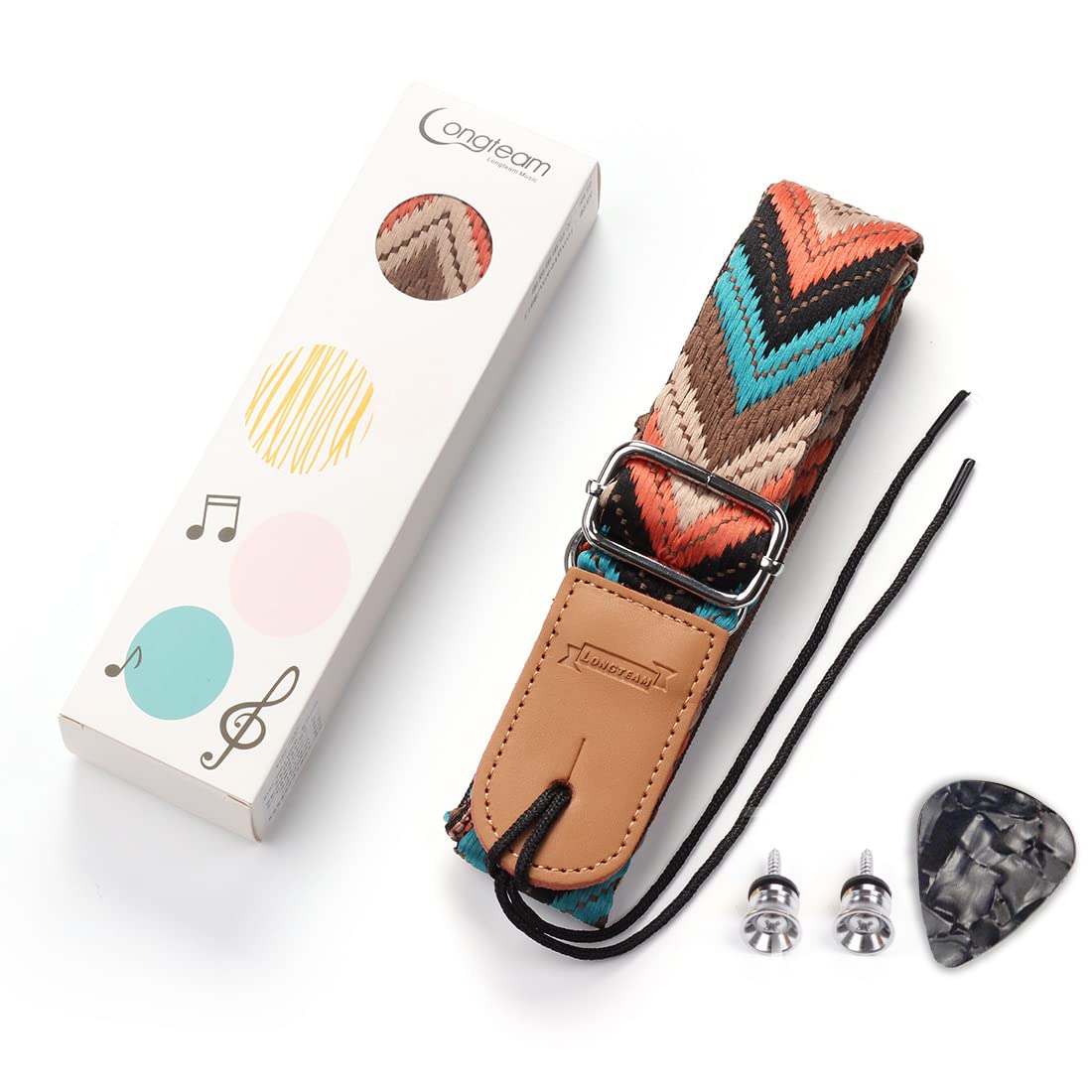 Longteam Simple Linen Leather Ukulele Strap Adjustable Length Durable Uke Straps With Nail, Rope, Picks (Cyan)