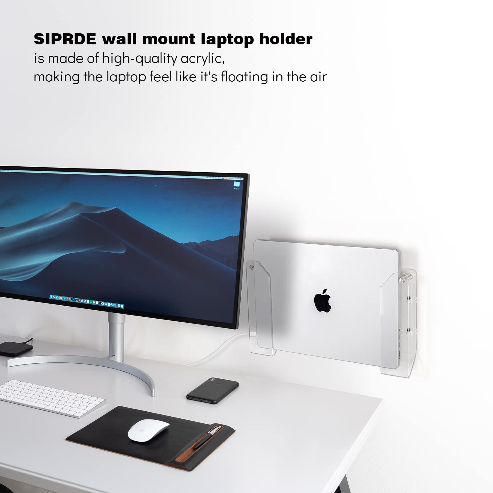 Siprde Wall Mount Laptop Holder   Also Available As An Under Desk Laptop Mount, Clear Acrylic, With Adhesive & Screw, For Macboo