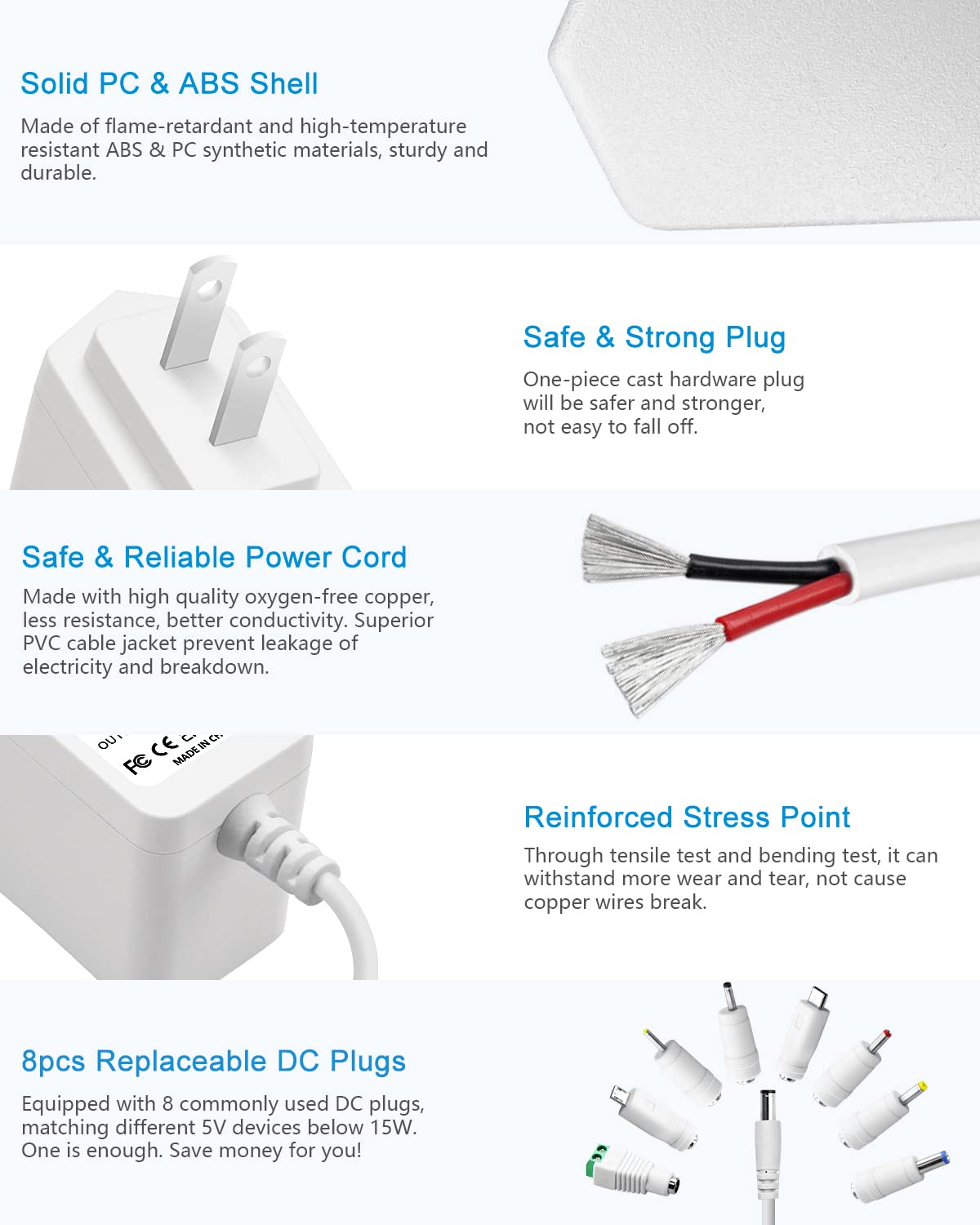Alitove 5V Power Supply Adapter 5 Volt 2A 10W Universal Ac/Dc Adapter 100 240V Ac To Dc 5V Power Cord Converter With 8 Tip 5.5X2