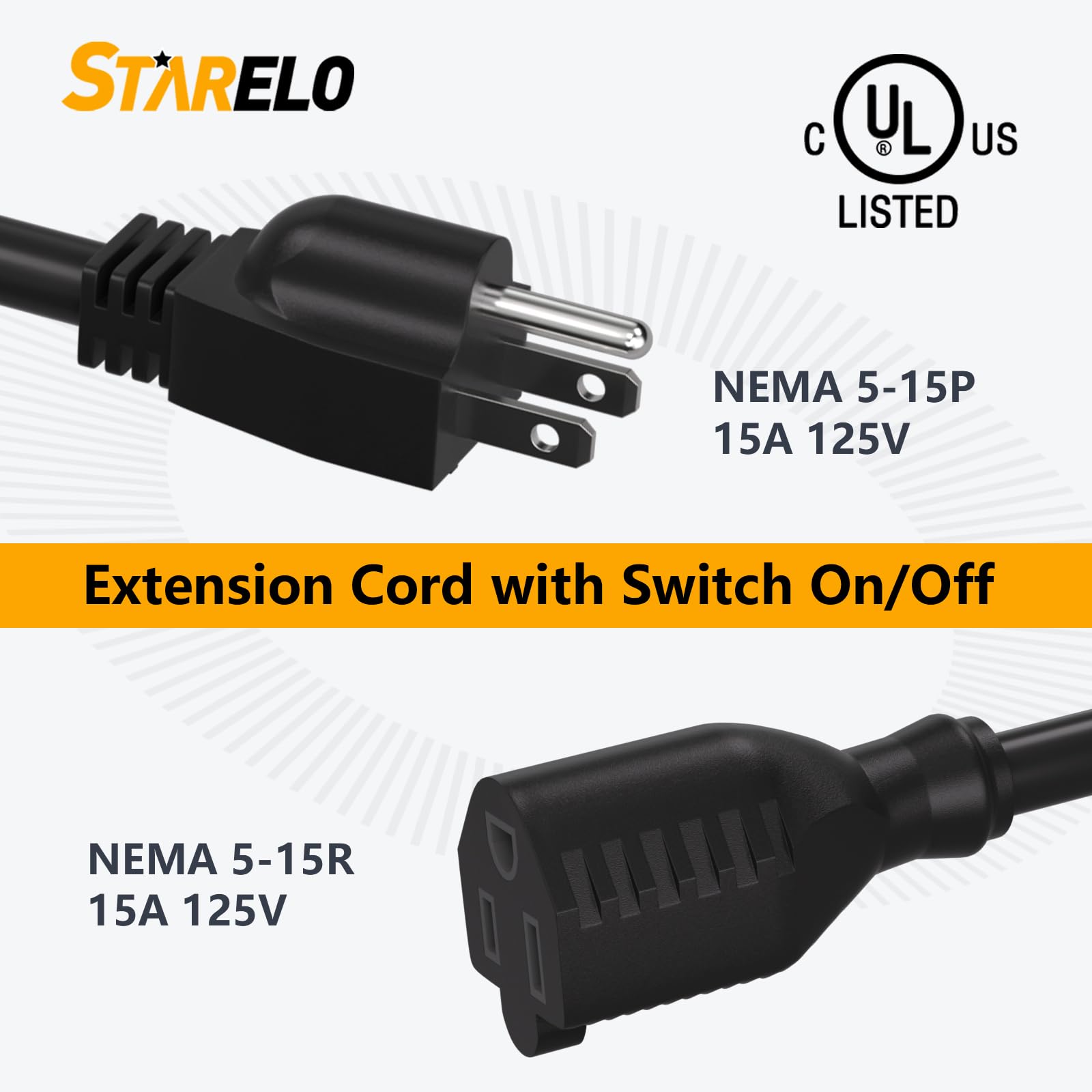 Starelo Extension Cord Near Waterproof Switch 3 Prong Outdoor 1875W Black Heavy Duty Extension Cord, 14/3 Sjt Extension Cord,Con