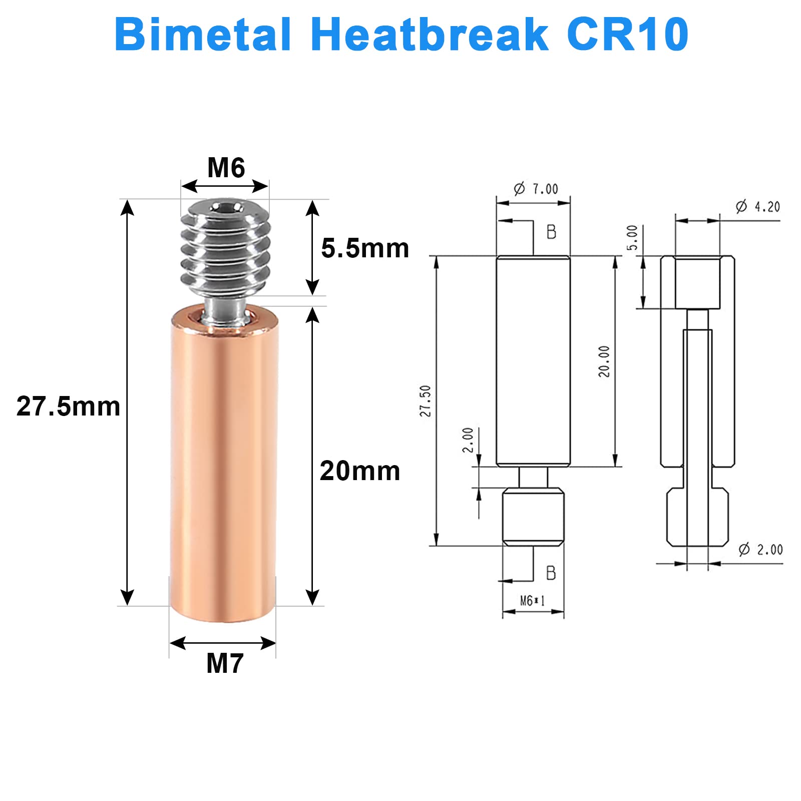 Coliao 5Pcs Cr10 Bi Metal Heatbreak, Upgrade Smooth All Metal Bimetal Copper Titanium Heatbreak High Temperature Throat For Creality 3D Printer Cr10 Ender 3 V2 Ender3 Pro Ender 5 Cs3 S4 S5 Hotend