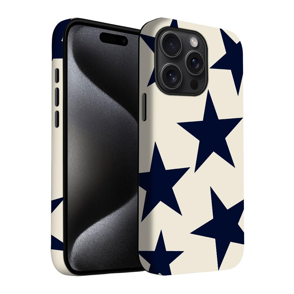 Yuzbira for iPhone 15 Pro Max Case | Beige Navy Blue Stars | Slim Drop Protection Design