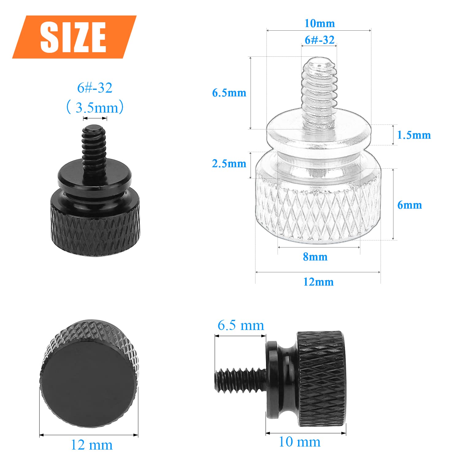 Helifouner 10 Pieces 6 32 Thread, Black Color Anodized Aluminum Computer Case Thumbscrews, Thumb Screws For Computer Case/Cover/