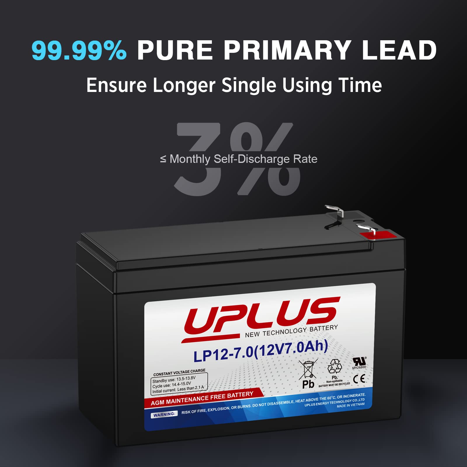 Uplus 12V 7Ah Battery, Sla Rechargeable Battery For Security Alarm, Home Fire, Garage Doors, Razor E200 E200S E300 E300S Mx350 M