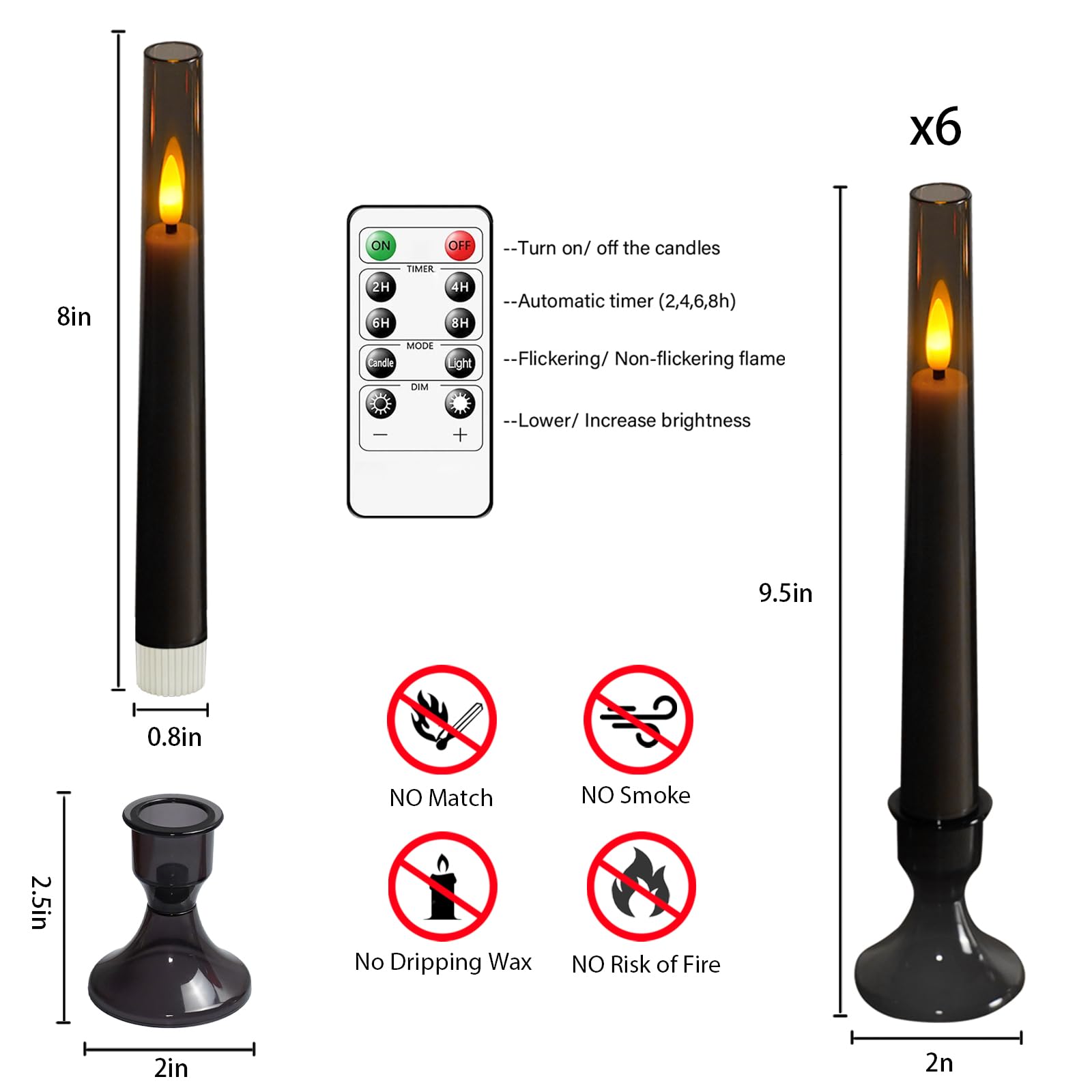 Lezonic Flameless Windows Candles Battery Operated With Timer Remote, 6Pcs Grey Acrylic Flameless Candlesticks With Holders, Led