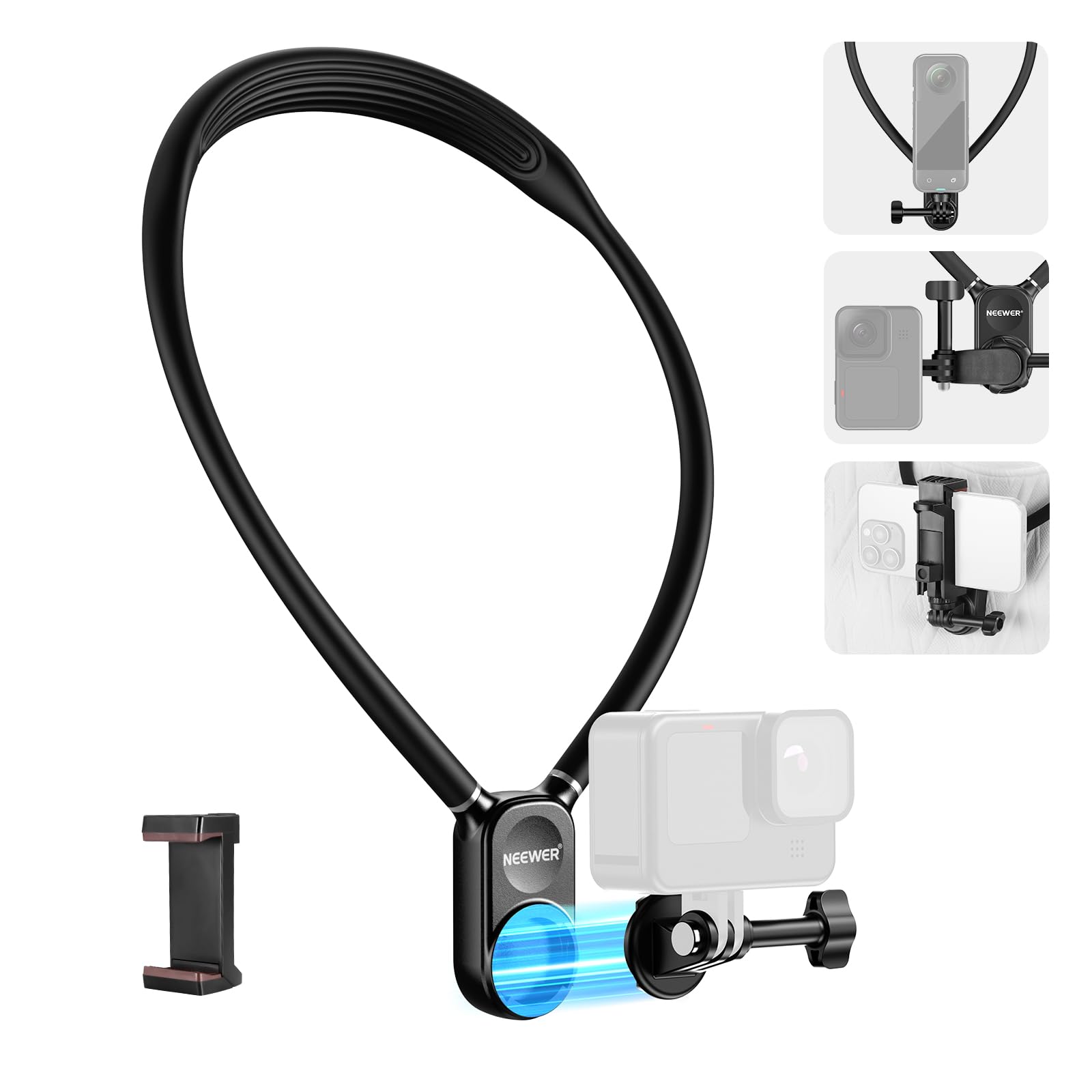 Neewer Magnetic Neck Mount Holder With Phone Clip Compatible With Gopro Hero 12 11 10 Max Dji Action 4 Insta360 Iphone Samsung, 