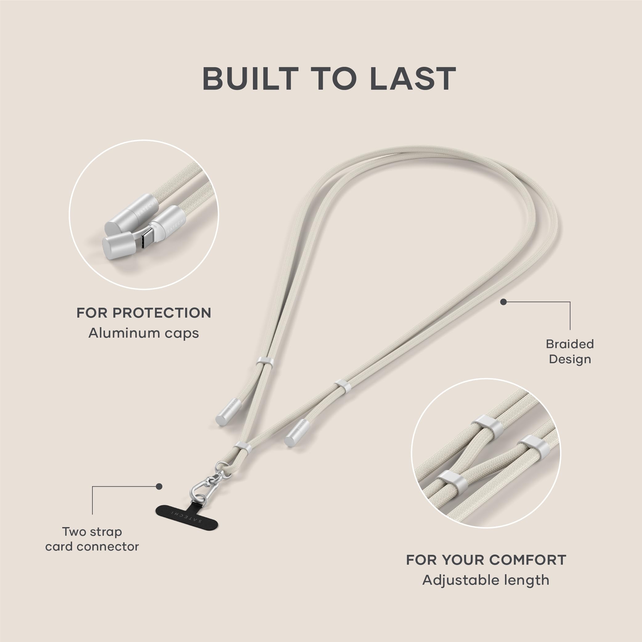 Satechi Onthego Usb-C Lanyard Cable, 60W Fast Charging, 480Mbps Data Transfer, Built-In Crossbody Strap, Adjustable 1.5M / 4.9Ft