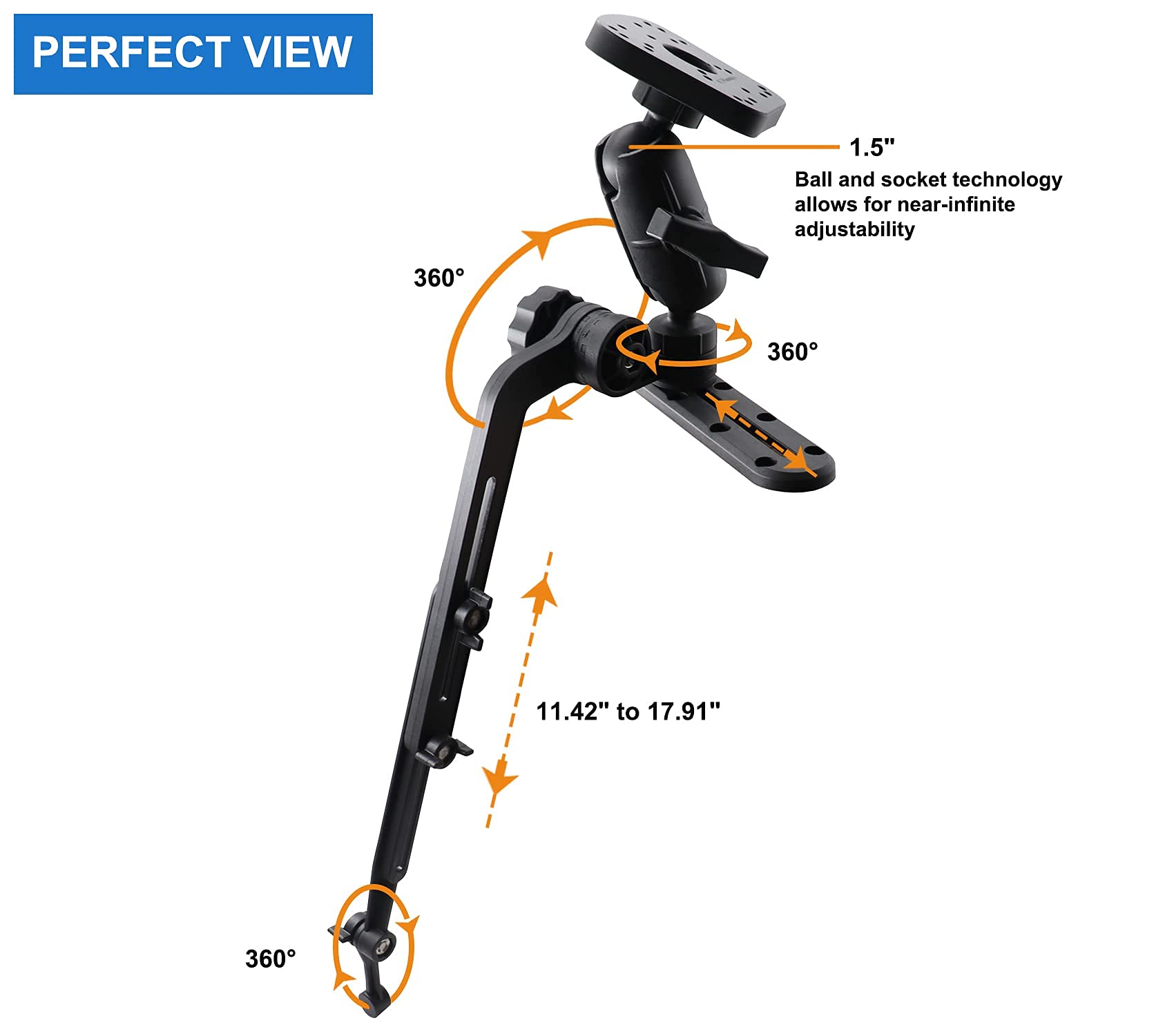 Fish Finder Mount 1.5'' Ball Base For Kayak, Marine Electronic Mount For Boat, Universal Mounting Plate, Transducer Mounting Arm