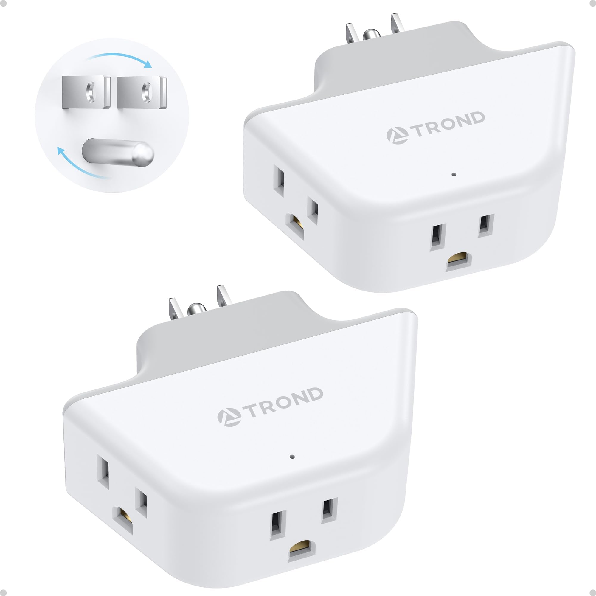 TROND 360 Rotating Plug Outlet Extender 2 Pack, 3 Way Angled Wall Outlet Adapter, Small Multiple Plug Splitter for Bathroom Kitc