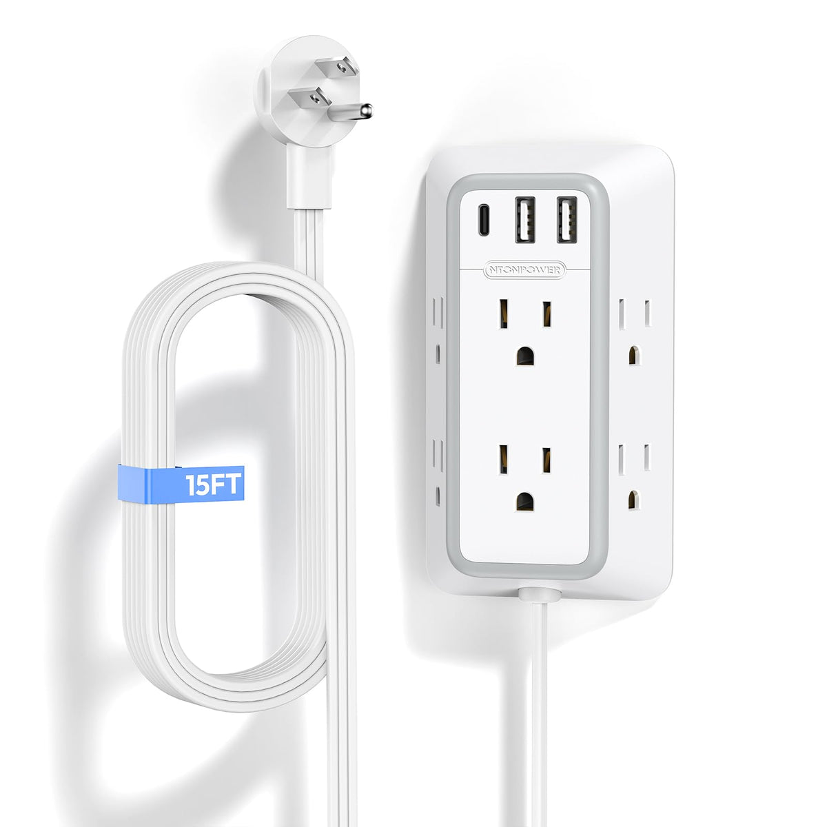 Ntonpower Power Strip With Flat Plug 15 Ft Cord, Surge Protector Extension Cord, Wall Mount Power Strip With Usb, Surge Protecto