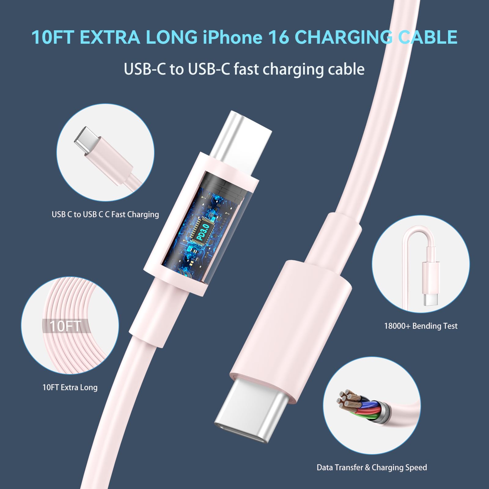 Usb C Phone 16 15 Pro Max Charger Fast Charging Block, 30W Usb C Charger With 10Ft Usb C Fast Charging Long Cable Cord For Phone