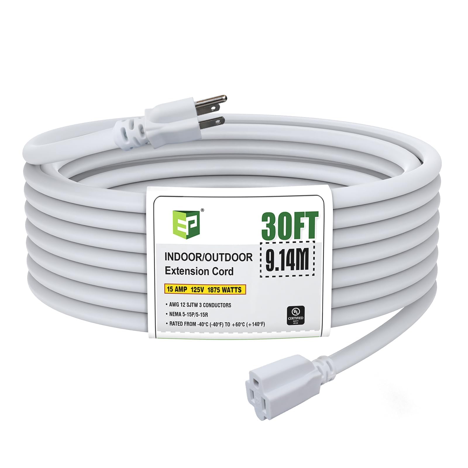 Ep 30 Ft Outdoor Extension Cord, 12/3 Sjtw Heavy Duty Extension Cable With 3 Prong Grounded Plug, 15 Amp Power Cord For Lawn, Ga