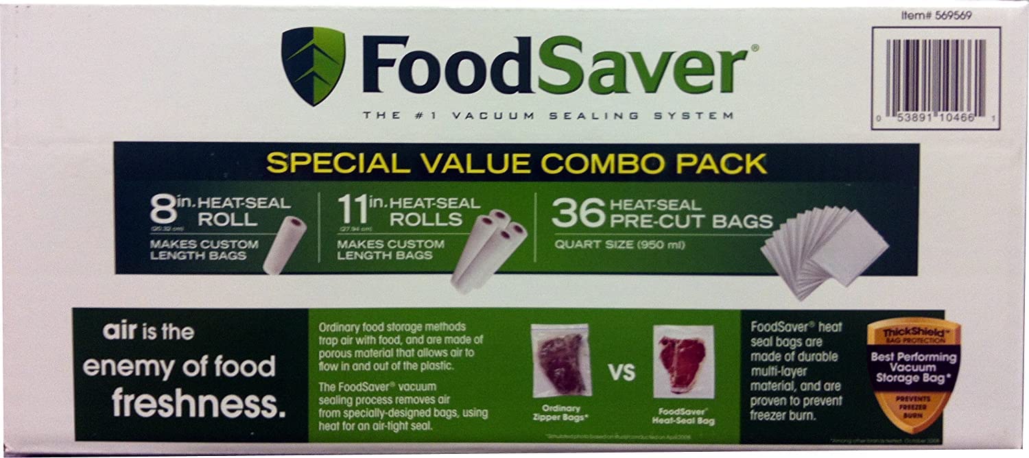 Foodsaver B005Siqkr6 Special Value Vacuum Seal Combo Pack 1 8'' 4 11'' Rolls, 1Pack (36 Pre Cut Bags), Clear