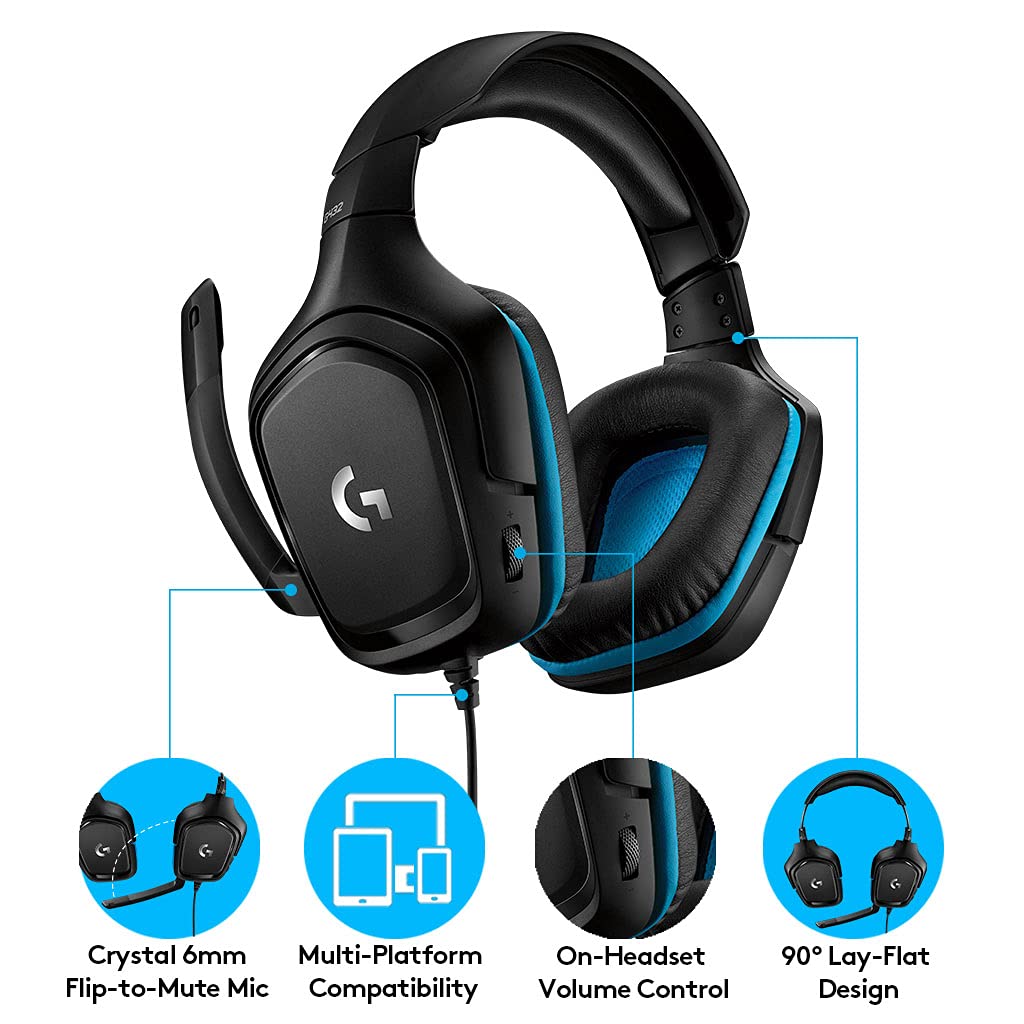Logitech G432 Wired Gaming Headset, 7.1 Surround Sound, Dts Headphone:X 2.0, Flip To Mute Mic, Pc (Leatherette) Black/Blue
