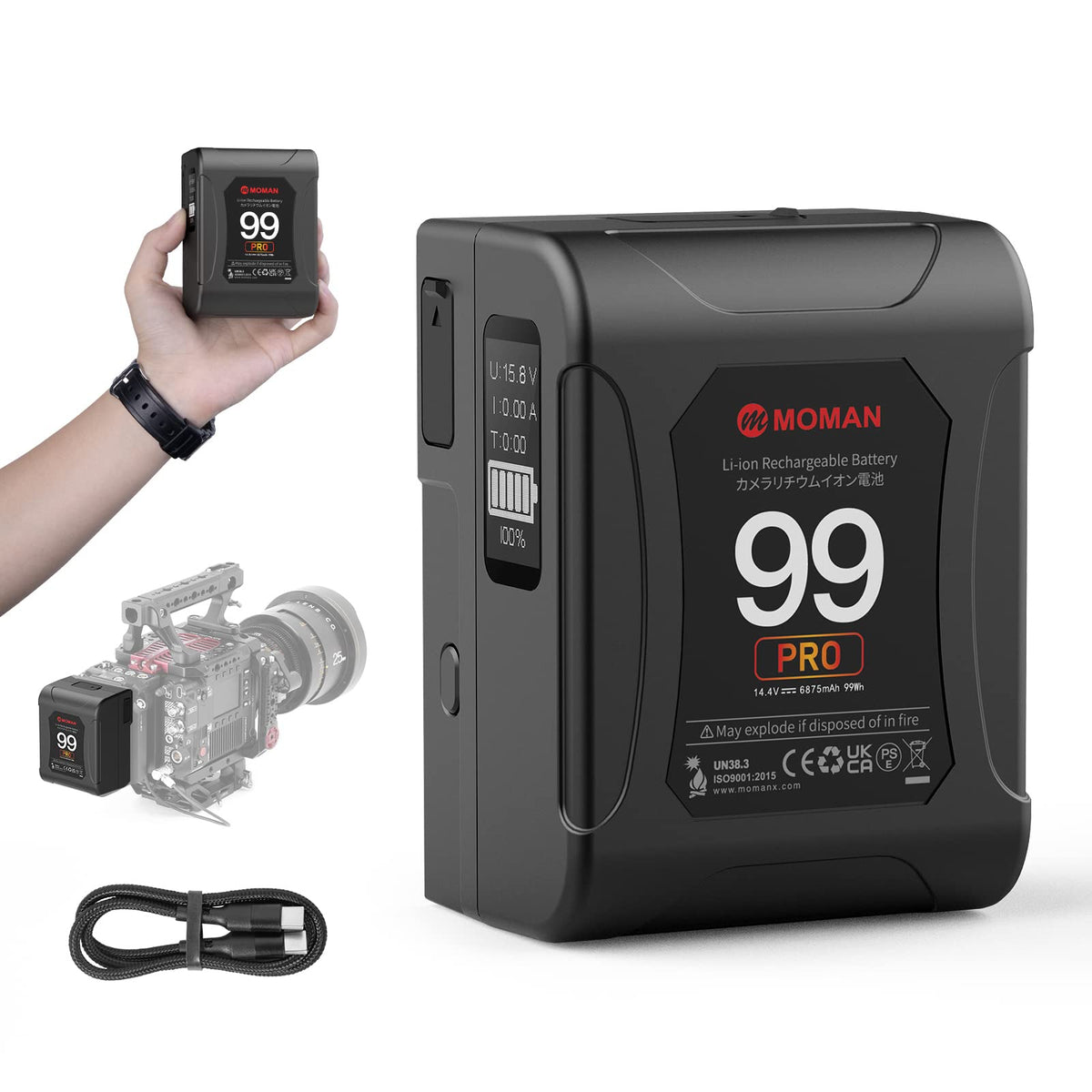V Mount Battery, Moman Power 99 Pro Micro V Lock Battery 99Wh/6875Mah With D Tap/Usb C/A Outputs, First Oled With Time Display F