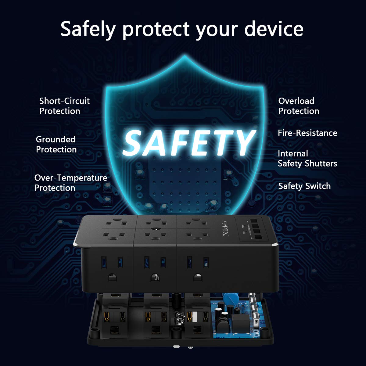 Surge Protector Nikleb, Wall Outlet With 4 Usb Ports 5V 4.8A Total, 12 Multi Outlet Extender, Multiple Usb Plug Adapter Wall Mou