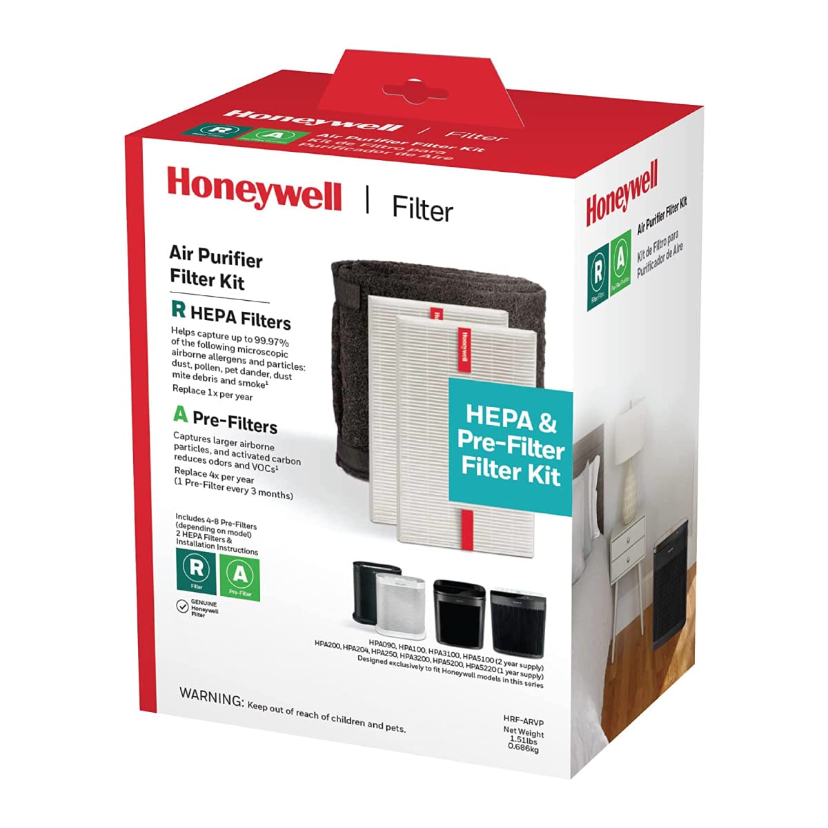 Honeywell HEPA Air Purifier Filter Value Kit  Includes 2 R HEPA Filters and 1 A PreFilter Roll with Cutting Template