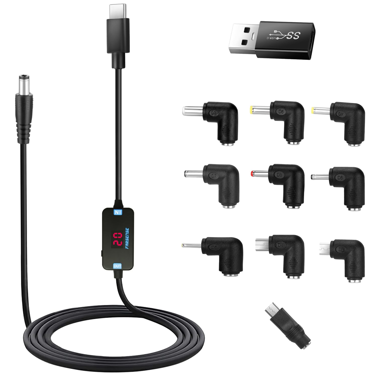 Farsense Usb C To Dc Adapter,Barrel Pd Trigger Cable(3.3Ft) With 10 Connector Tips,Usb To Dc Power Cable Can Switch Voltage By P