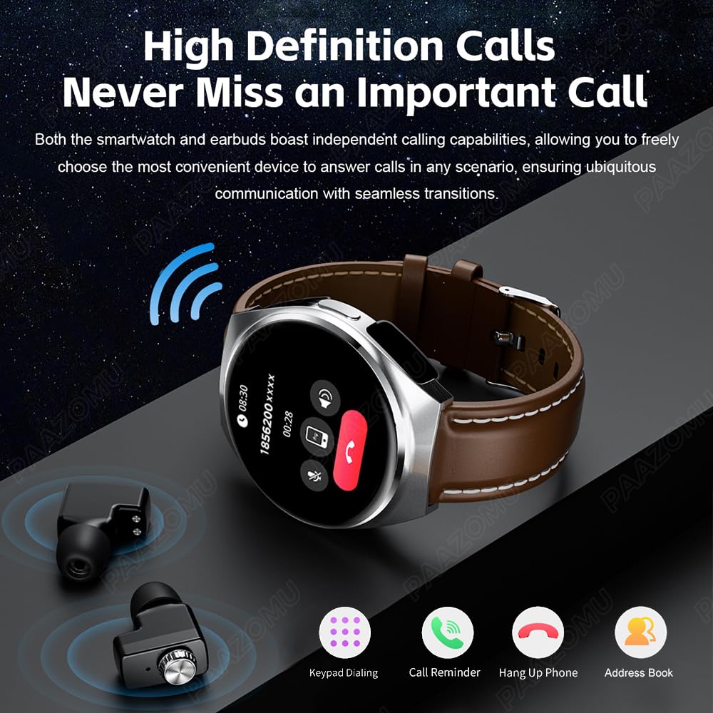 Paazomu Smart Watch With Wireless Earbuds, Bluetooth Call Watches For Men 1.53 '' Steel Material Ultra-Thin Body 9D Sound Effect