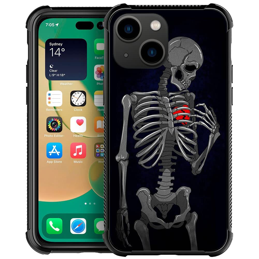 Compatible With Iphone 14 Case, Brake Heart Skeleton Iphone 14 Cases, Tempered Glass Back+Soft Silicone Tpu Shock Protective Cas