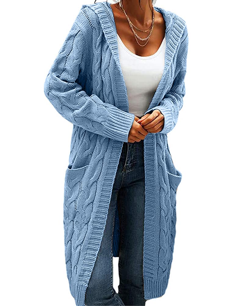 Women Hooded Open Front cardigan cable Knit Sweaters Solid color chunky Long Sweater coats Sky Blue