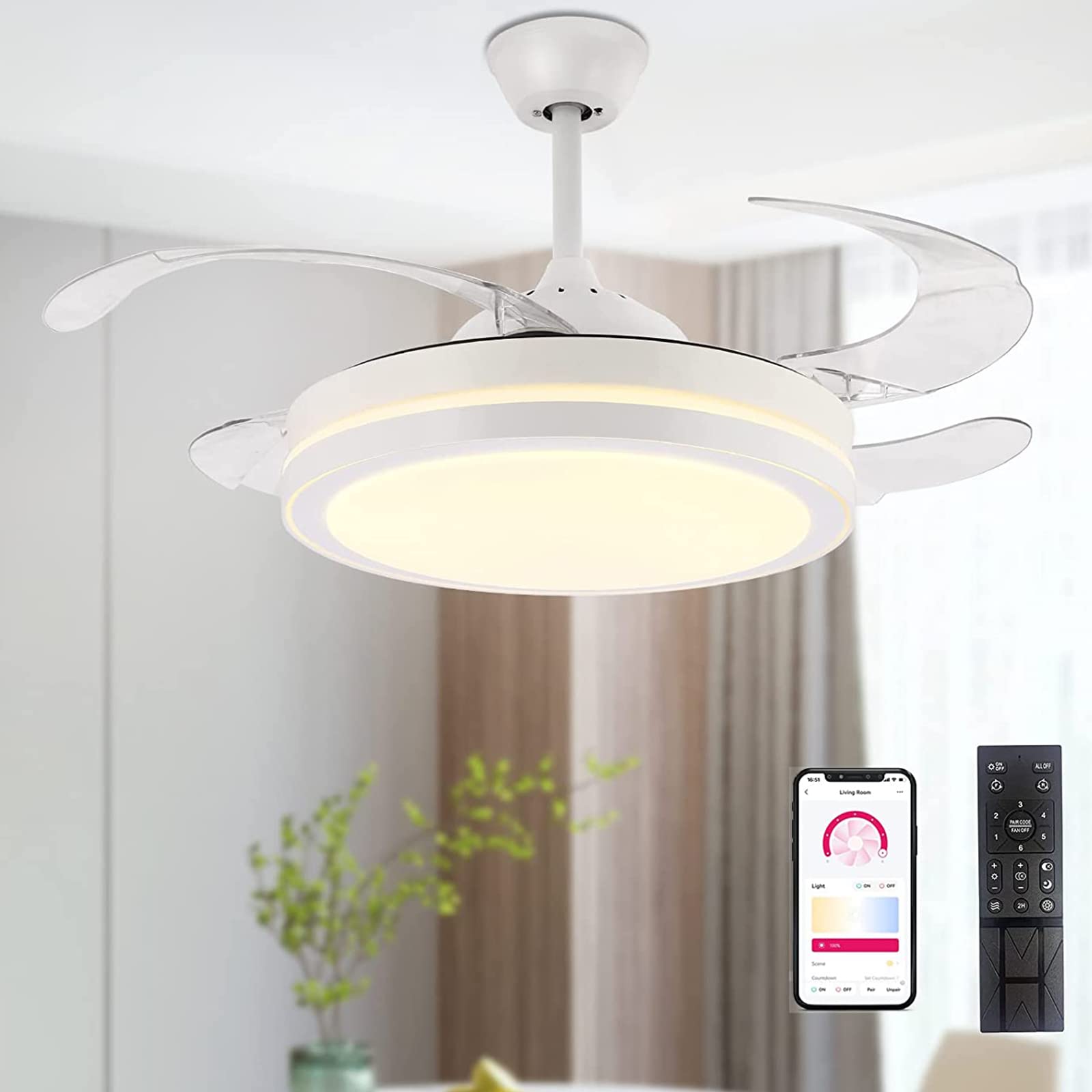 STERREN 42 Inch Retractable Ceiling Fans with Lights,Modern Bladeless LED Ceiling Fan Lights with Remote Control, Smart White Be