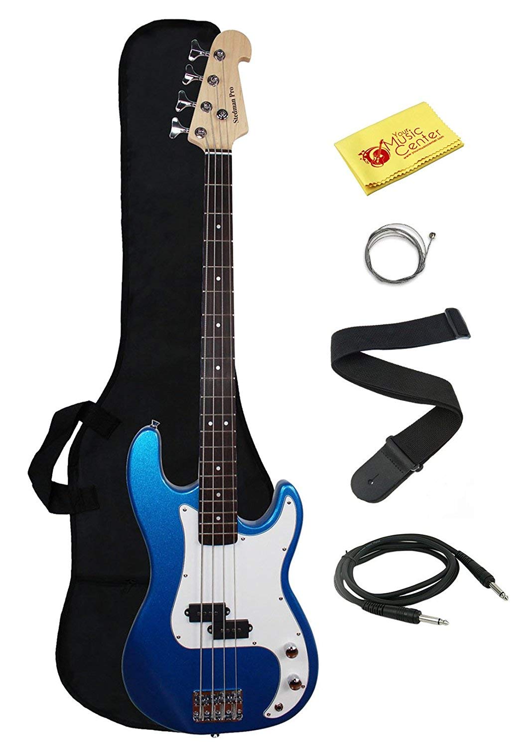 Stedman Beginner Series Bass Guitar Bundle With 15 Watt Amp, Gig Bag, Instrument Cable, Strap, Strings, Picks, And Polishing Clo