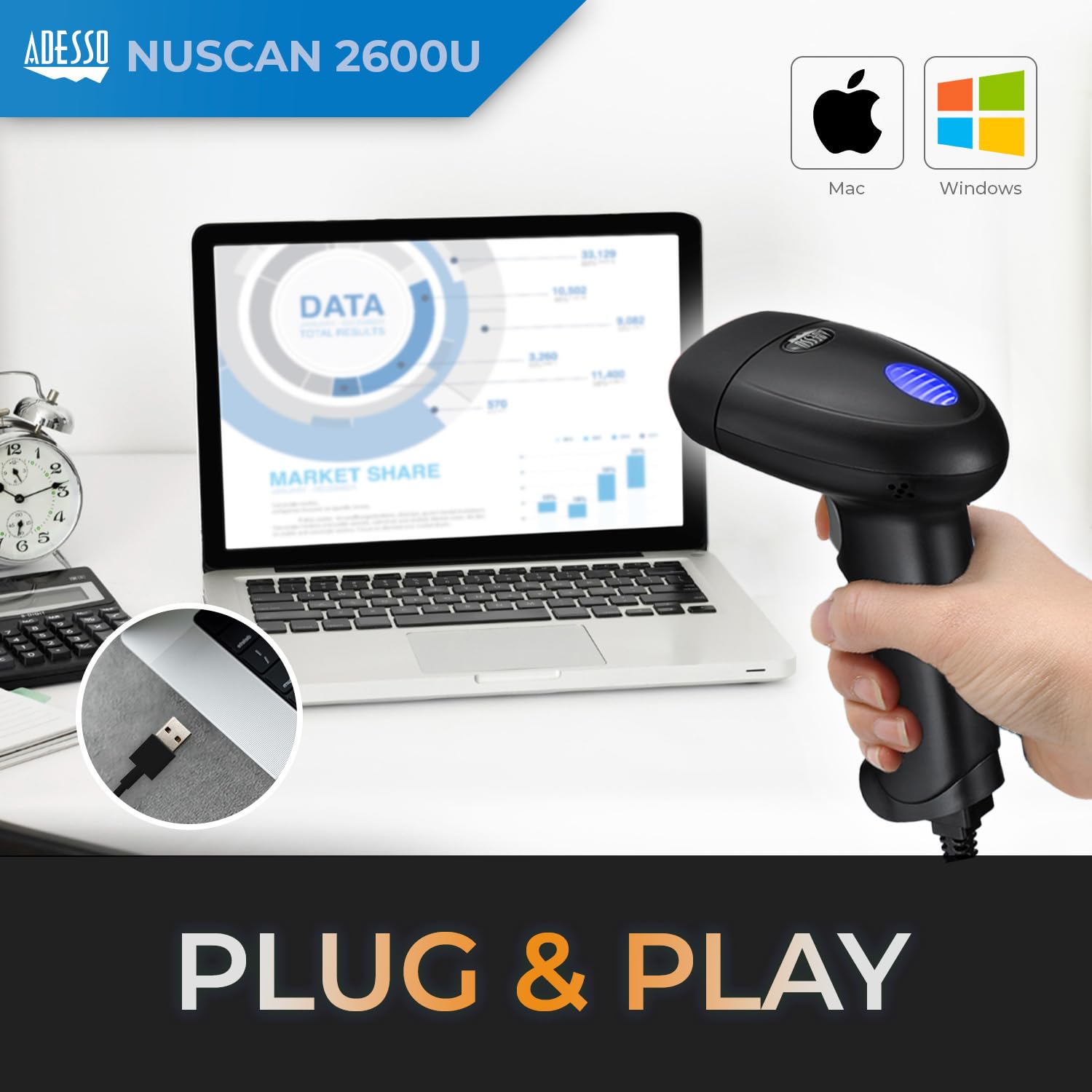 Adesso Nuscan 2600U 2D Barcode Scanner With Superior Scanning Performance - Usb & Serial Port Interface - Compatible With Variou