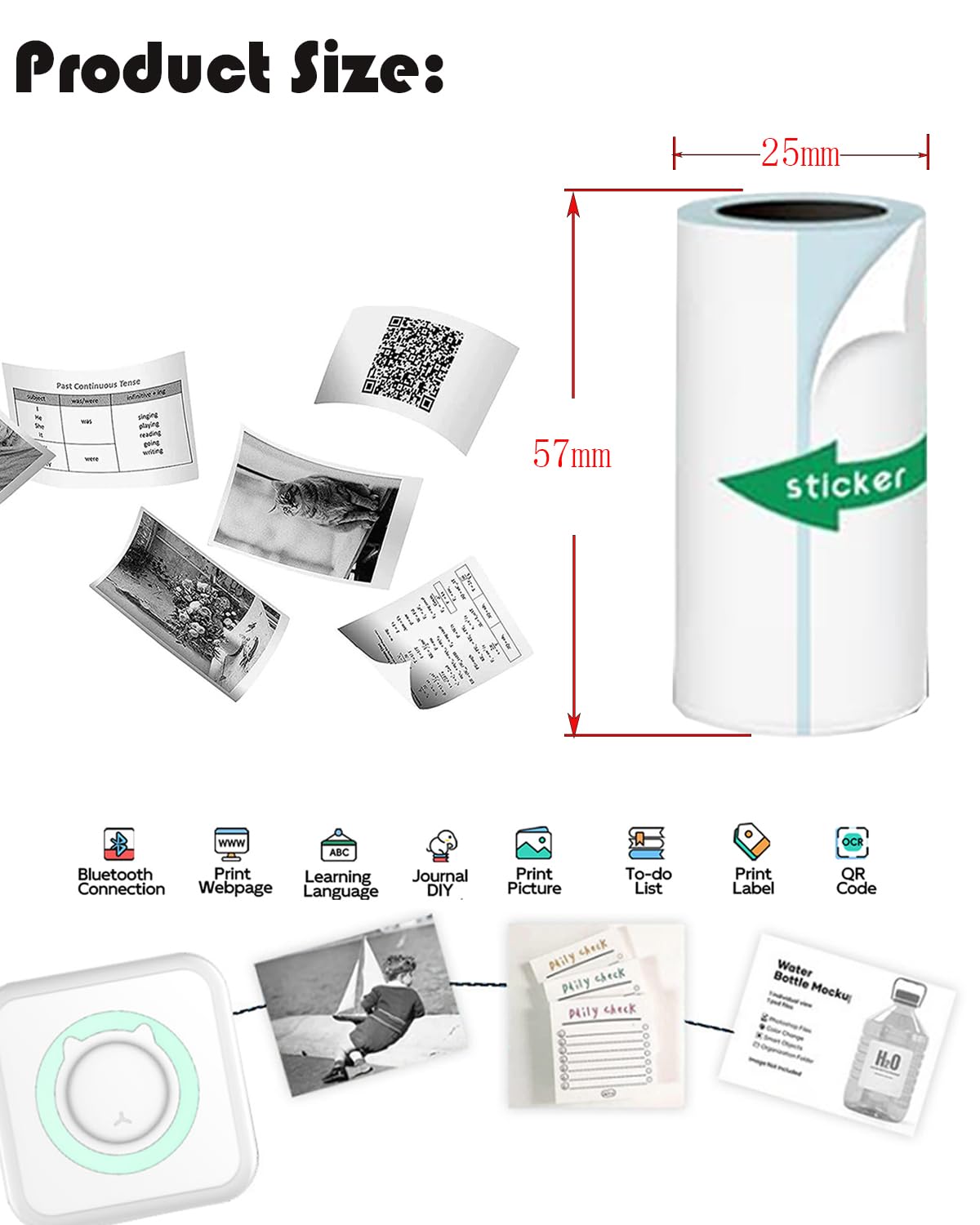 Hersaul Mini Printer Sticker Paper, 10 Rolls Thermal Printer Sticker Paper 57 X 25Mm, Printable Sticker Paper For Mini Printer P