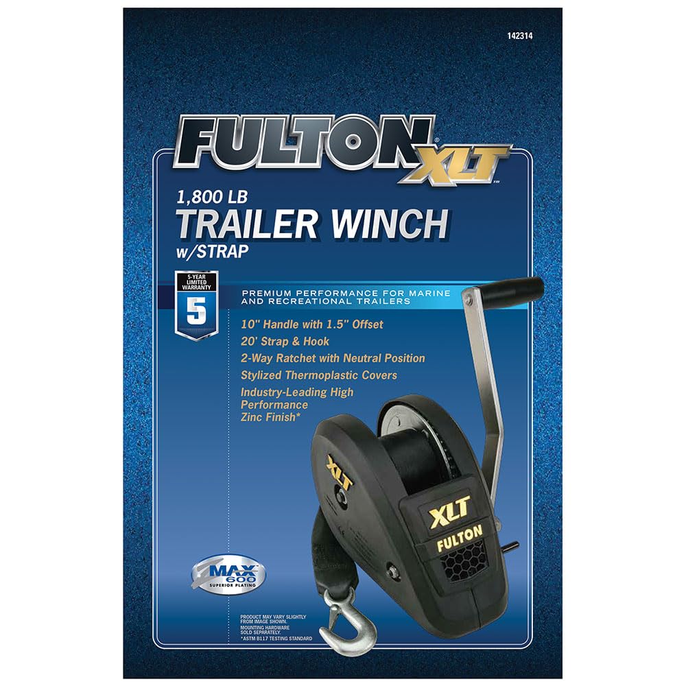 Fulton 142314 Xlt Boat Trailer Winch With 20 Foot Winch Strap With Hook, 1,800 Lbs. Capacity, Single-Speed Hand Crank Winch, Sol,WBAUVB06VX6646L