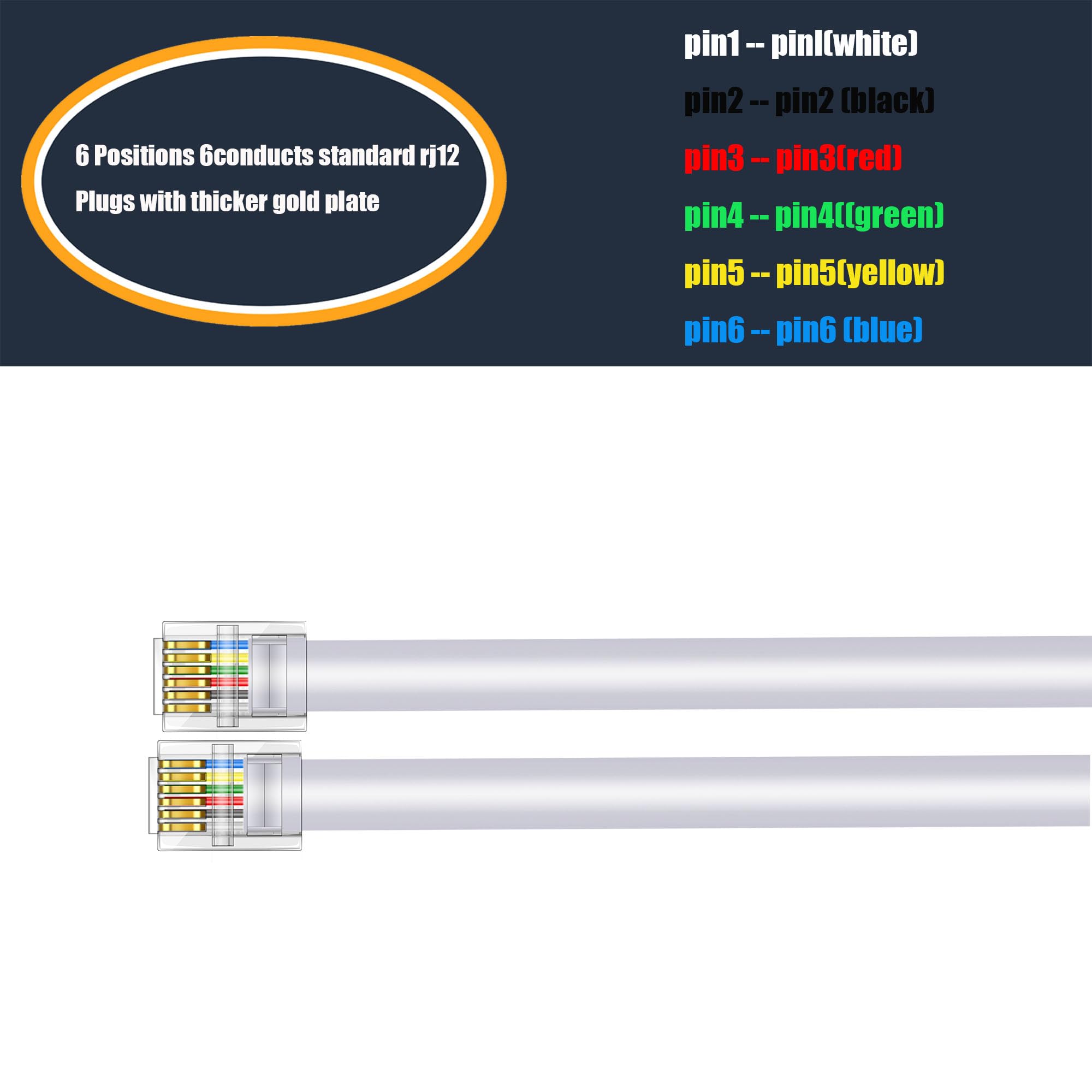 Jmzly Rj12 Cable Phone Cord Rj12 6P6C Male To Male Straight Wired For Both Data And Voice Use White   6.6Feet 3 Pack