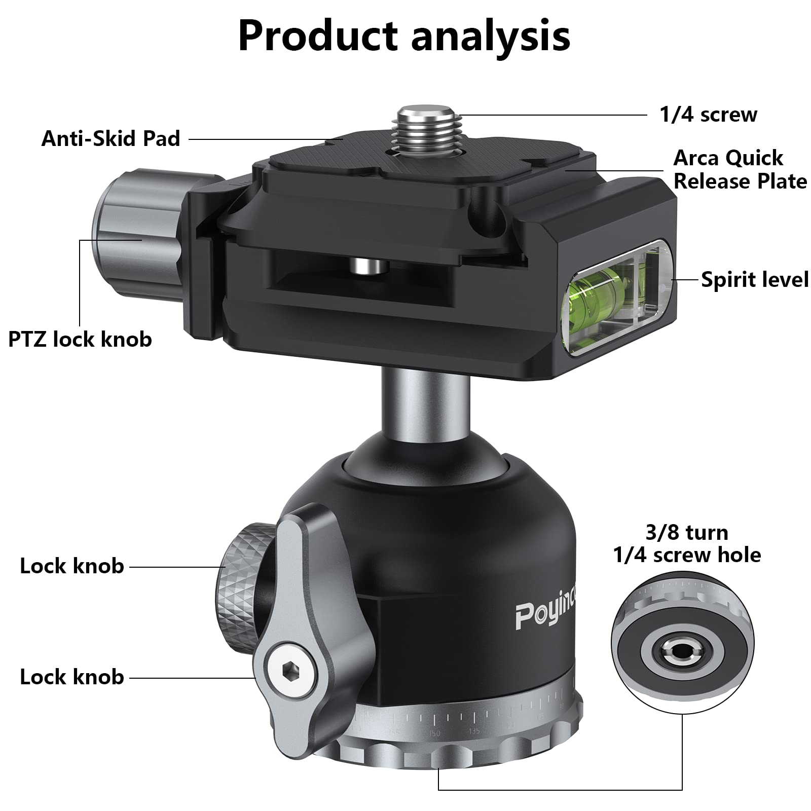 Poyinco Tripod Mini Ball Head 360 Degree Rotating Panoramic Ballhead With 1/4' Screw Quick Shoe Plate, For Tripod Monopod Slider Dslr Camera Camcorder,Max Load Up To 5 Kg/ 11Lb