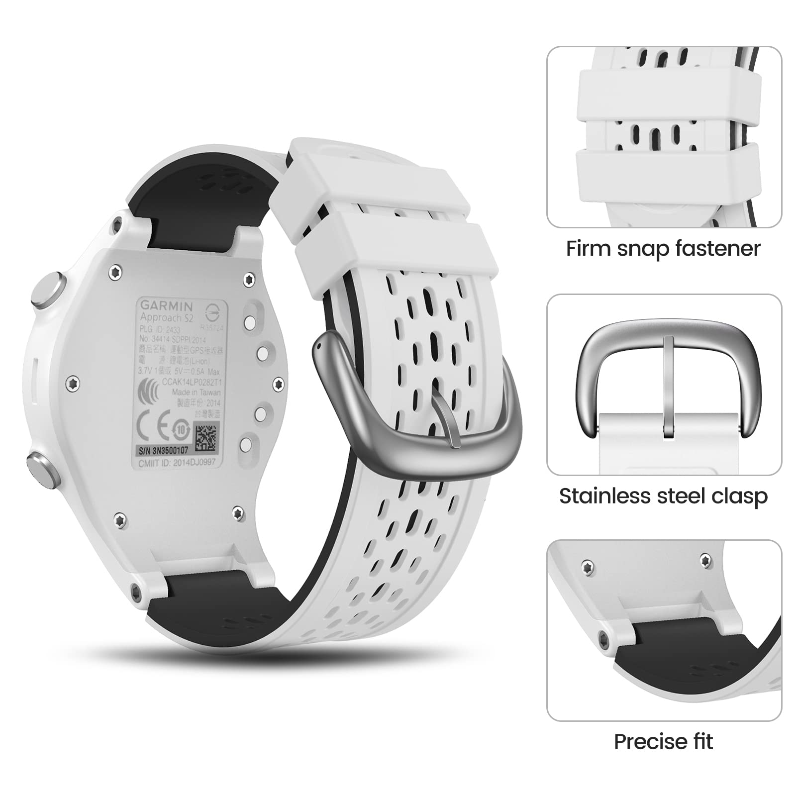 Cuzow Two In One Color Band For Garmin Approach S2/S4, Silicone Starp Replacement Watch Band For Garmin Approach S2/S4 Watch, Wh