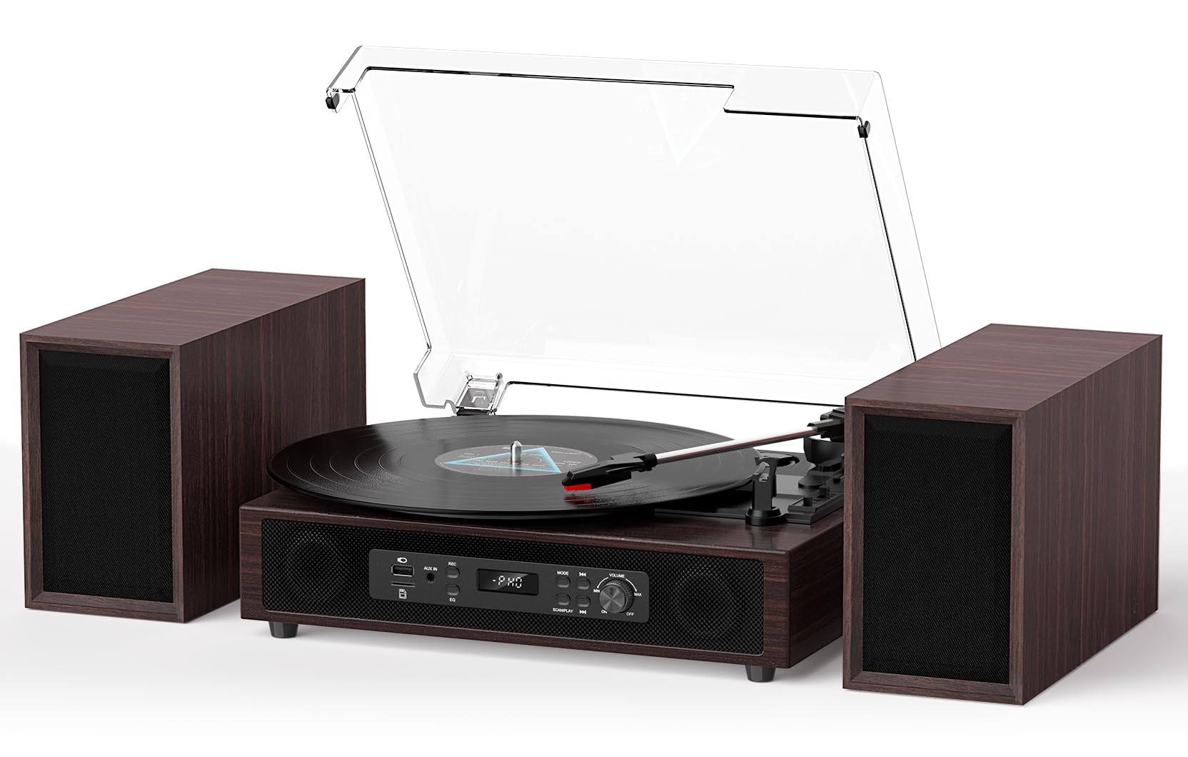Bluetooth Record Player with Built-in & External Stereo Speakers, USB/TF Card & PC Recording, 3-Speed Belt-Drive Vintage Turntab