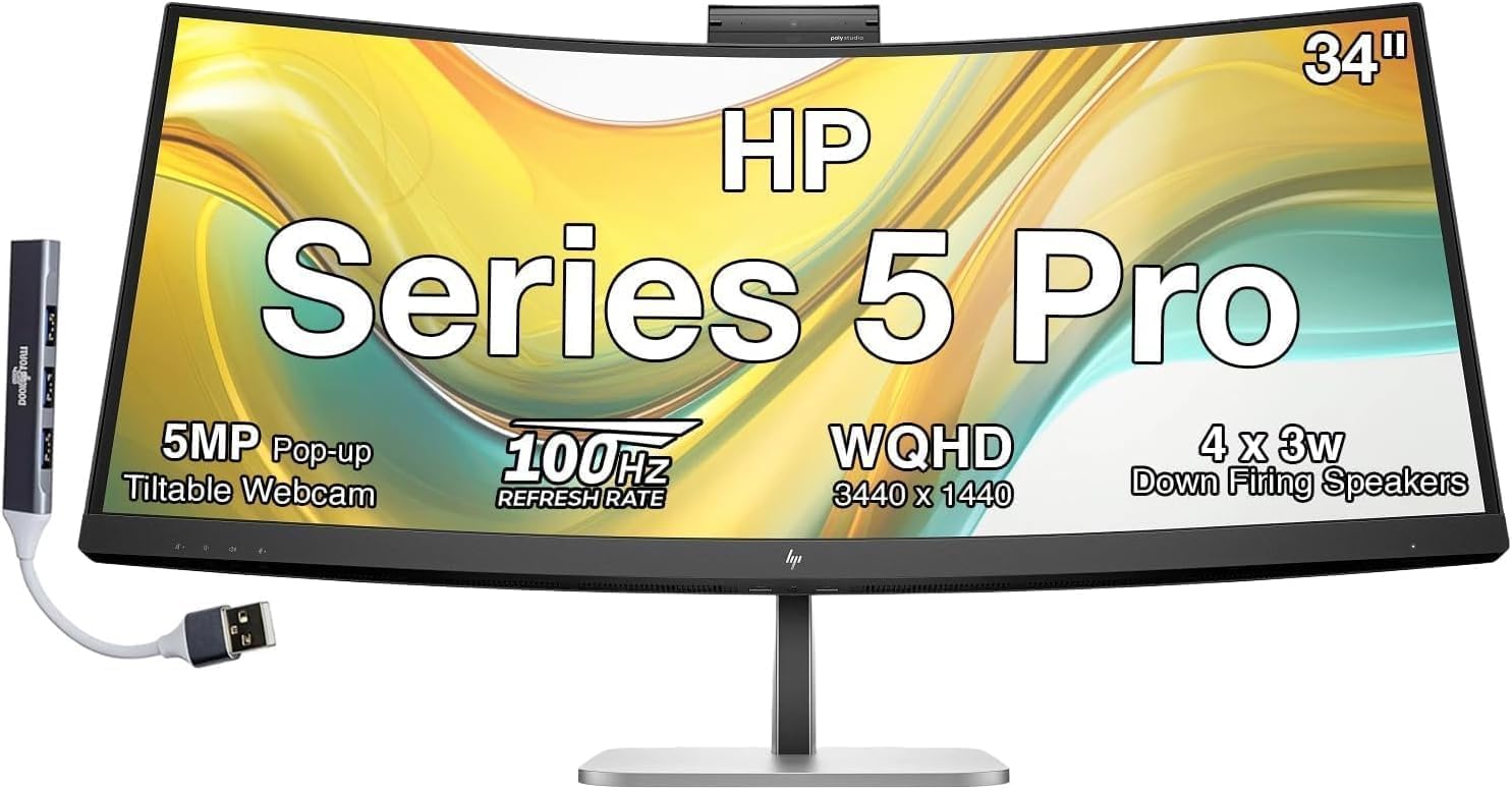 HP Series 5 Pro 34 WQHD USBC Monitor, Webcam, Speakers, Tilt, Swivel