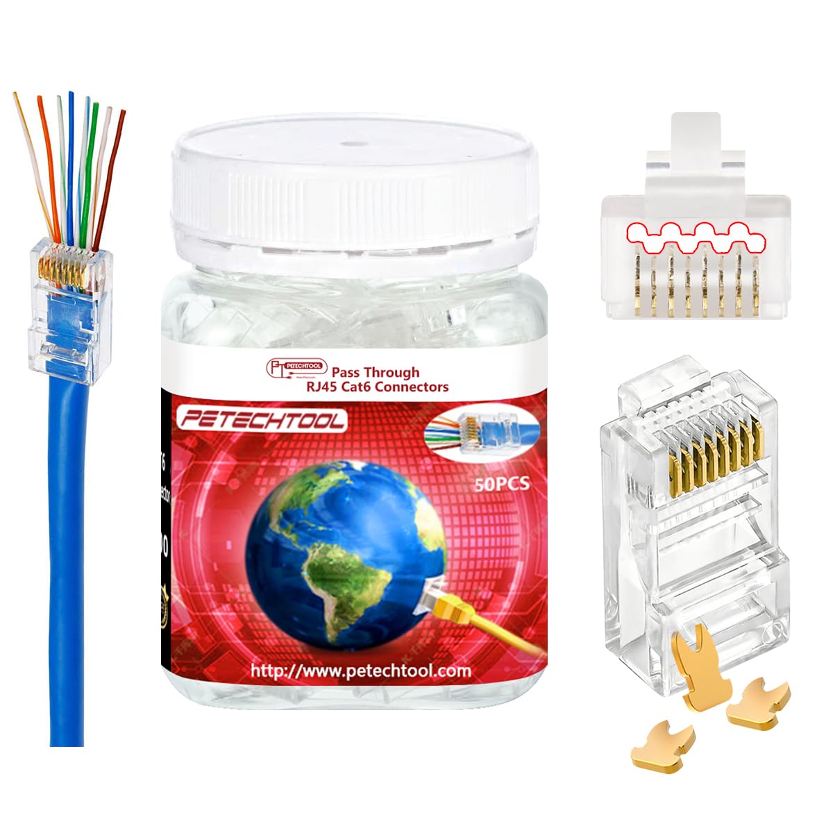 Rj45 23Awg Cat6A Cat6 Large Connector Gold Plated 8P8C Pass Through Plug Utp Network Ends For Unshielded Twisted Pair Solid Wire & Standard Cables | Transparent Passthrough Ethernet Insert(50Packs)