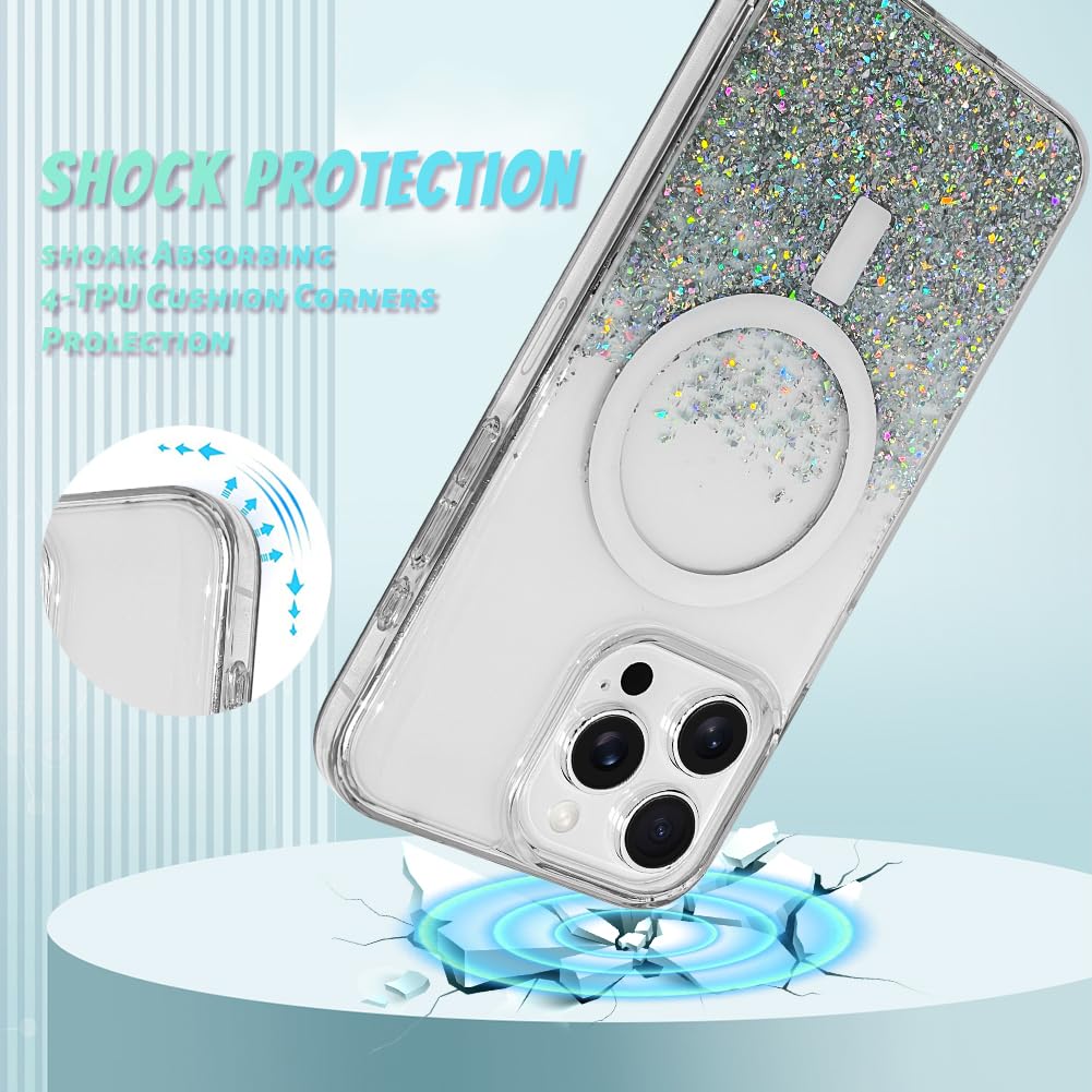 Bonoma For Iphone 14 Pro Case, Sparkly Glitter Bling Back, Magnetic Support For Magsafe Shockproof Case, Crystal And Clear High