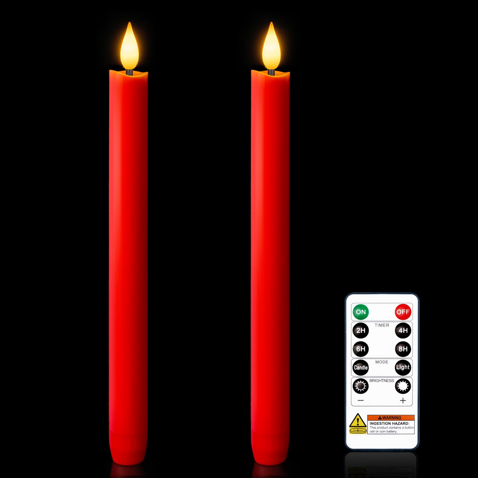 Homemory 2 Pcs Real Wax Made Red Flameless Taper Candles with Remote and Timer, 9.6 Battery Operated Candle Stick Flickering, Le