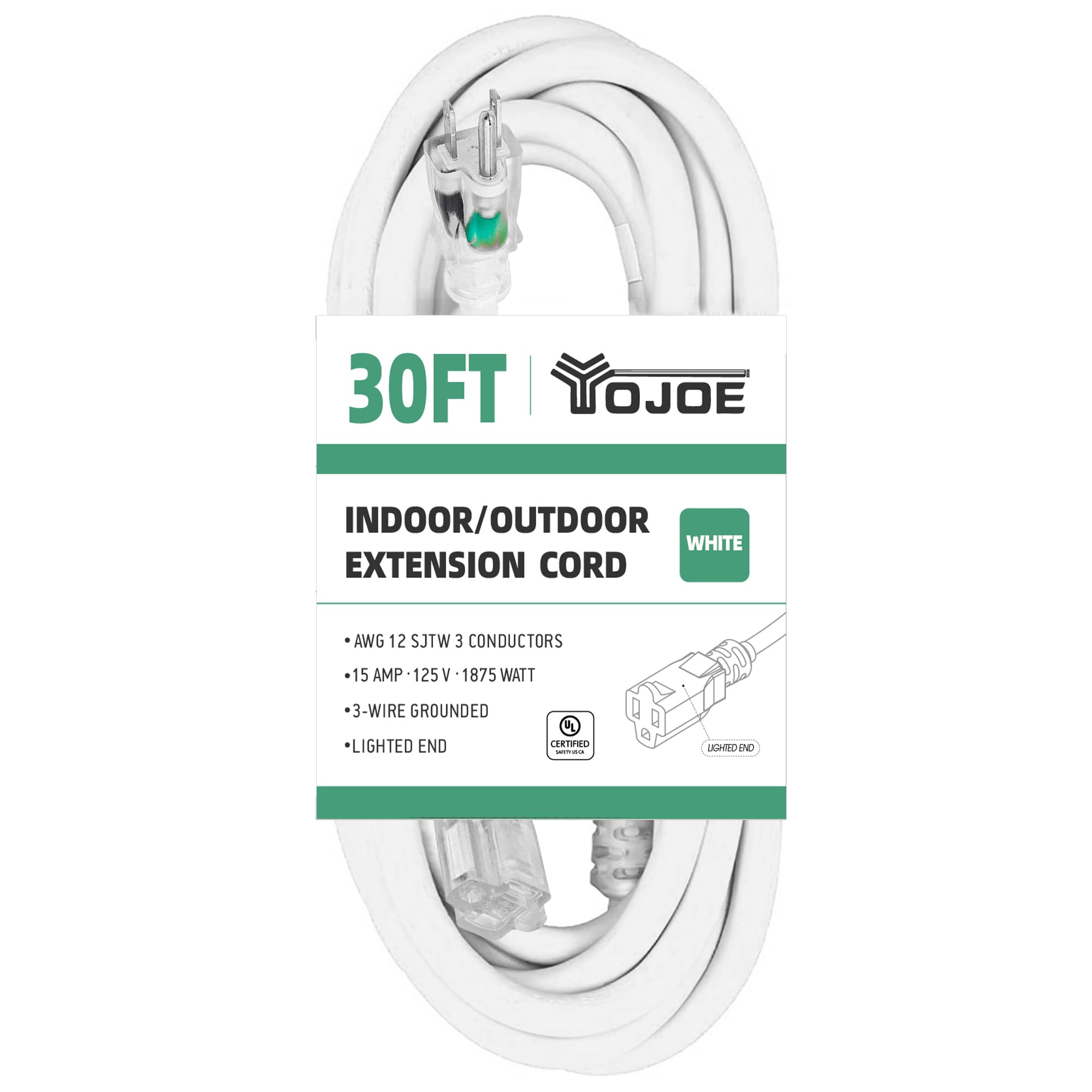 Yojoe Indoor Outdoor Extension Cord With Lighted End, 3 Prong 15A Weatherproof Power Extension Cord, 12 Gauge Heavy Duty 30 Ft W