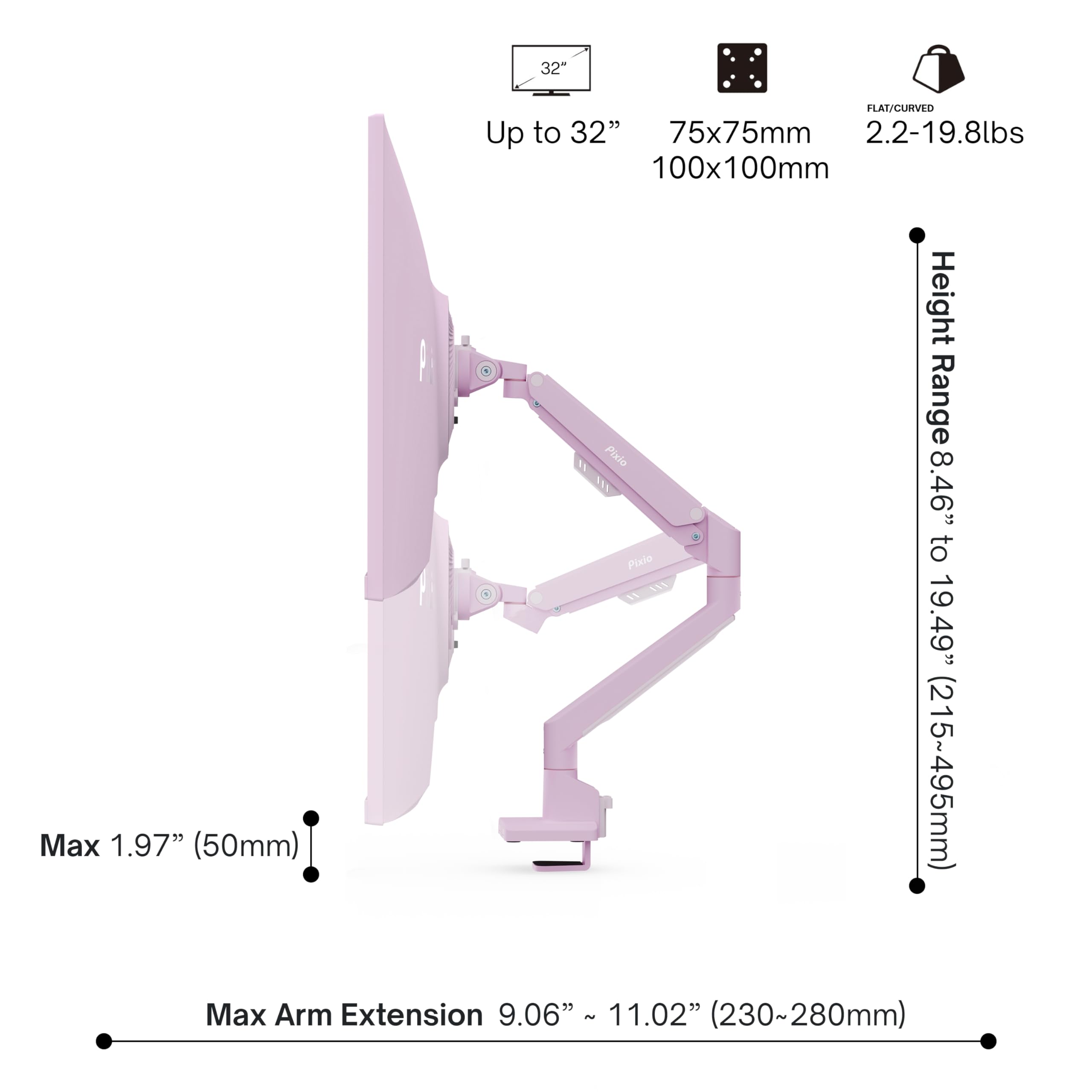 Pixio Ps1S Wave Pink Single Monitor Arm Stand Desk Mount   Fits Up To 32 Inches Monitors And Up To 19.8Lbs. Vesa Compatibility And Integrated Cable Management