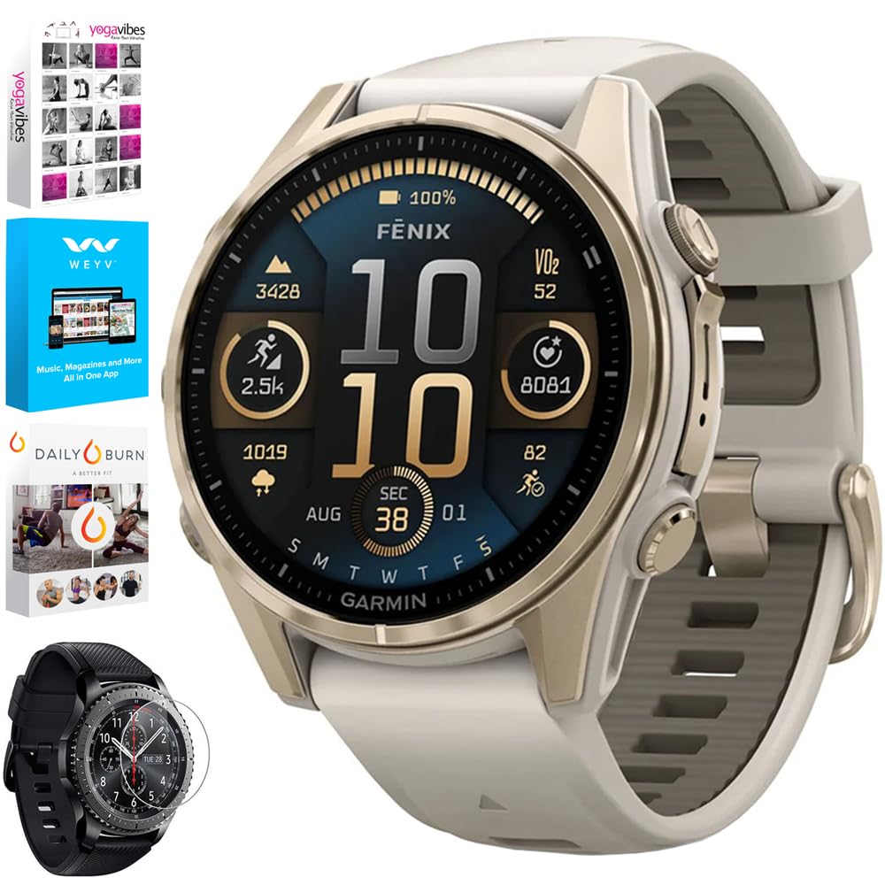 Garmin 010-02903-10 Fenix 8 43 mm, AMOLED, Sapphire, Soft Gold with Fog Gray Sandstone Silicone Band Bundle with Tech Smart USA 