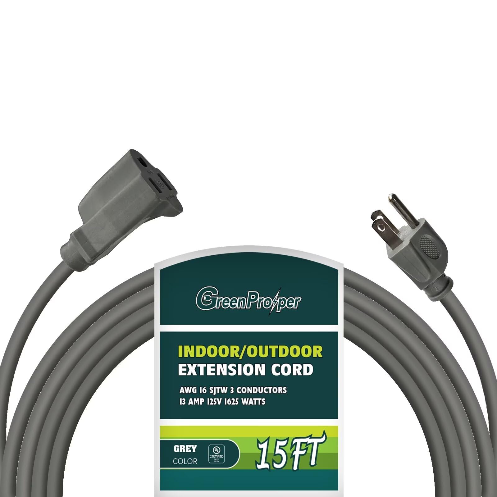 Greenprosper 15 Ft Indoor Outdoor Grey Extension Cord, 16 Gauge Waterproof Electrical Power Cable, 16/3 Sjtw 3 Prong Grounded Pl