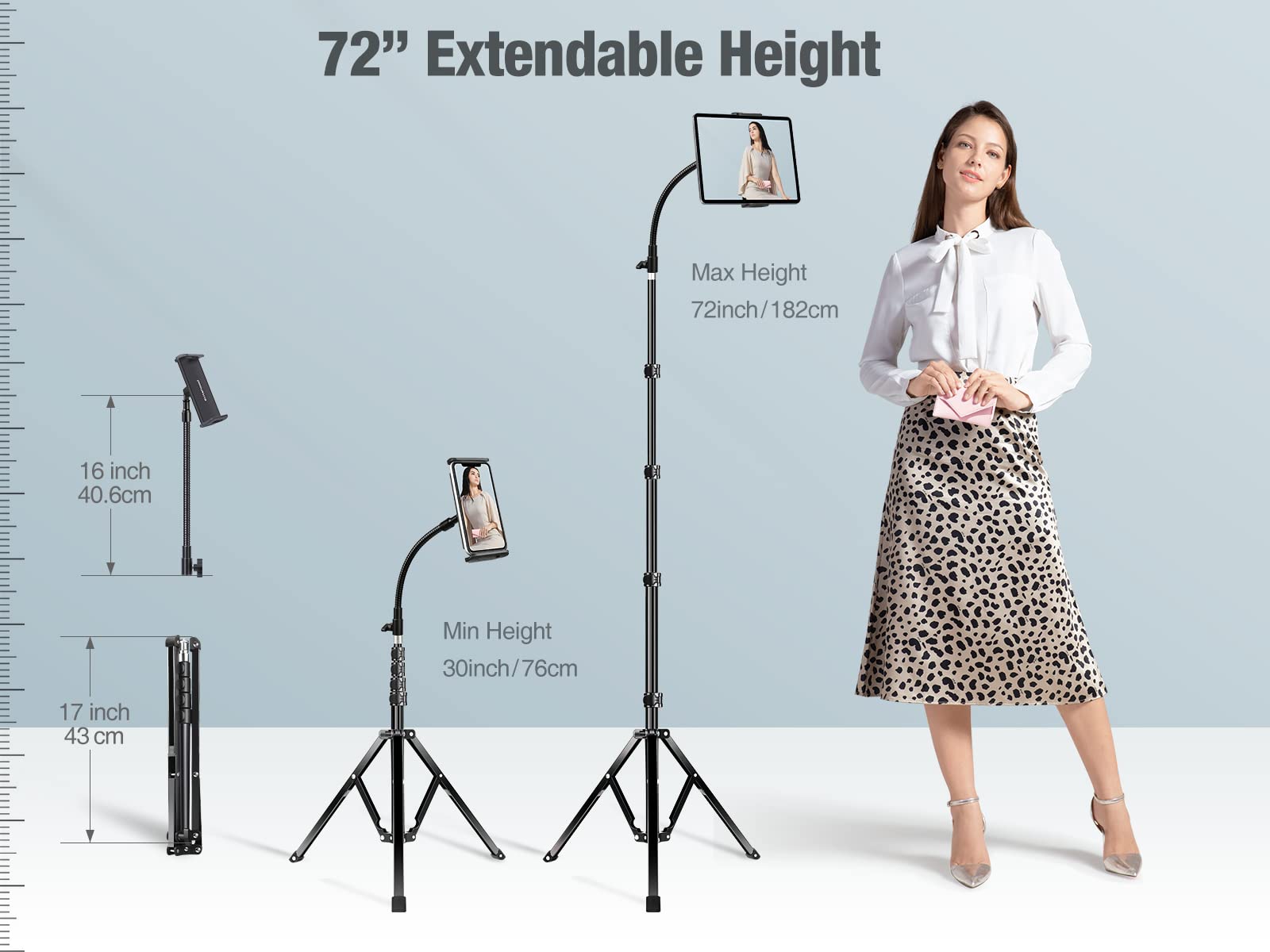 Elitehood Tablet Floor Tripod Stand, Stronger Gooseneck Ipad Tripod Stand, 72' Adjustable Ipad Stand Holder For Stream/Watching, For Ipad Pro 12.9, Mini, Air, Iphone And 4.7 13' Tablet And Cellphone